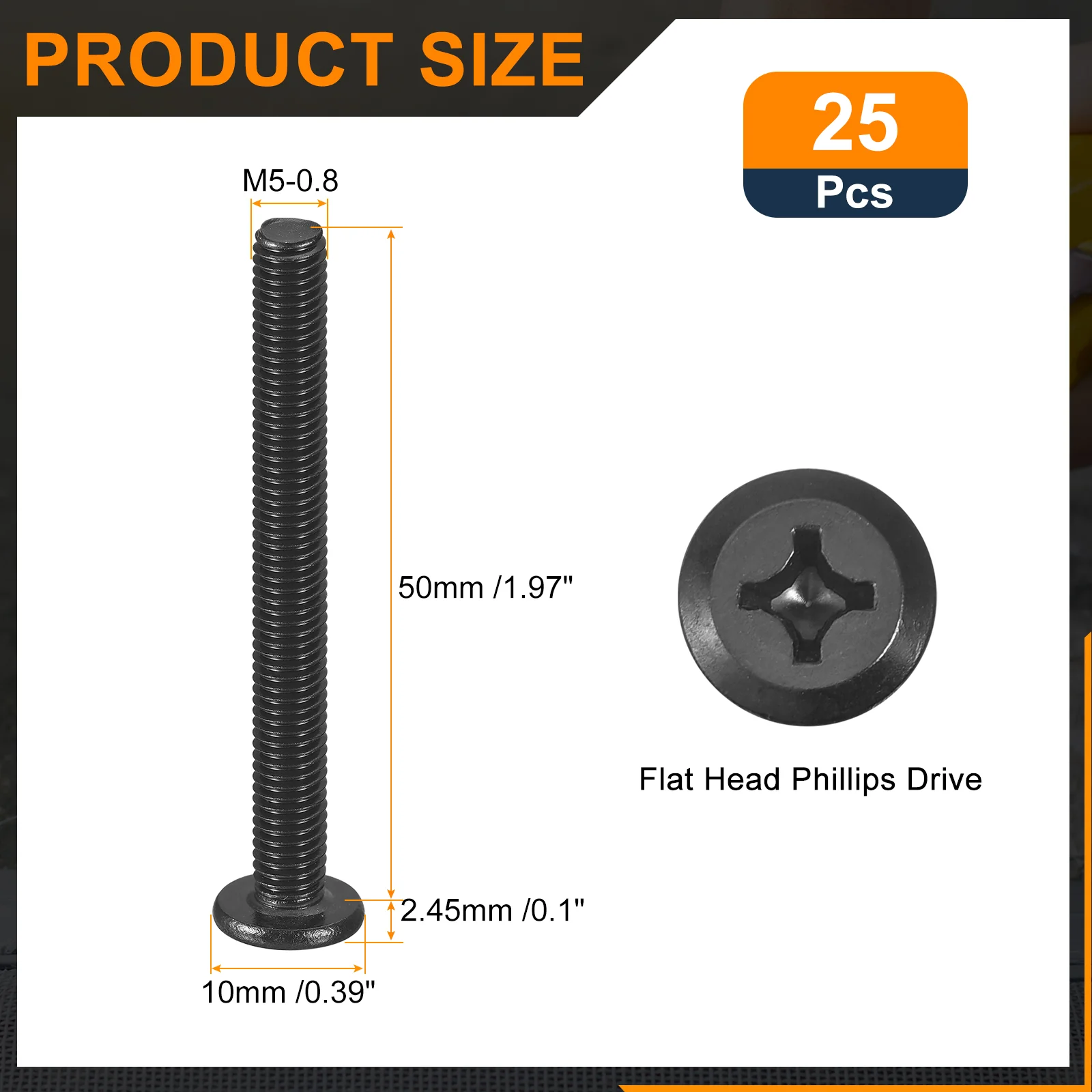 Uxcell 25Pcs M5-0.8 x 50mm Flat Round Head Machine Screws, Phillips Drive Fastener - Image 2