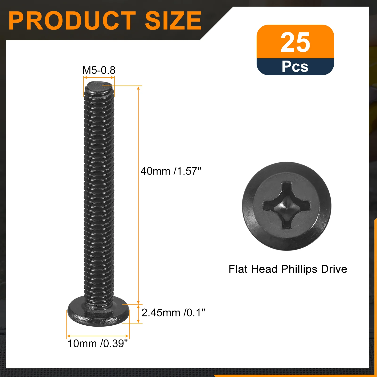 Uxcell 25Pcs M5-0.8 x 40mm Flat Round Head Machine Screws, Phillips Drive Fastener - Image 2