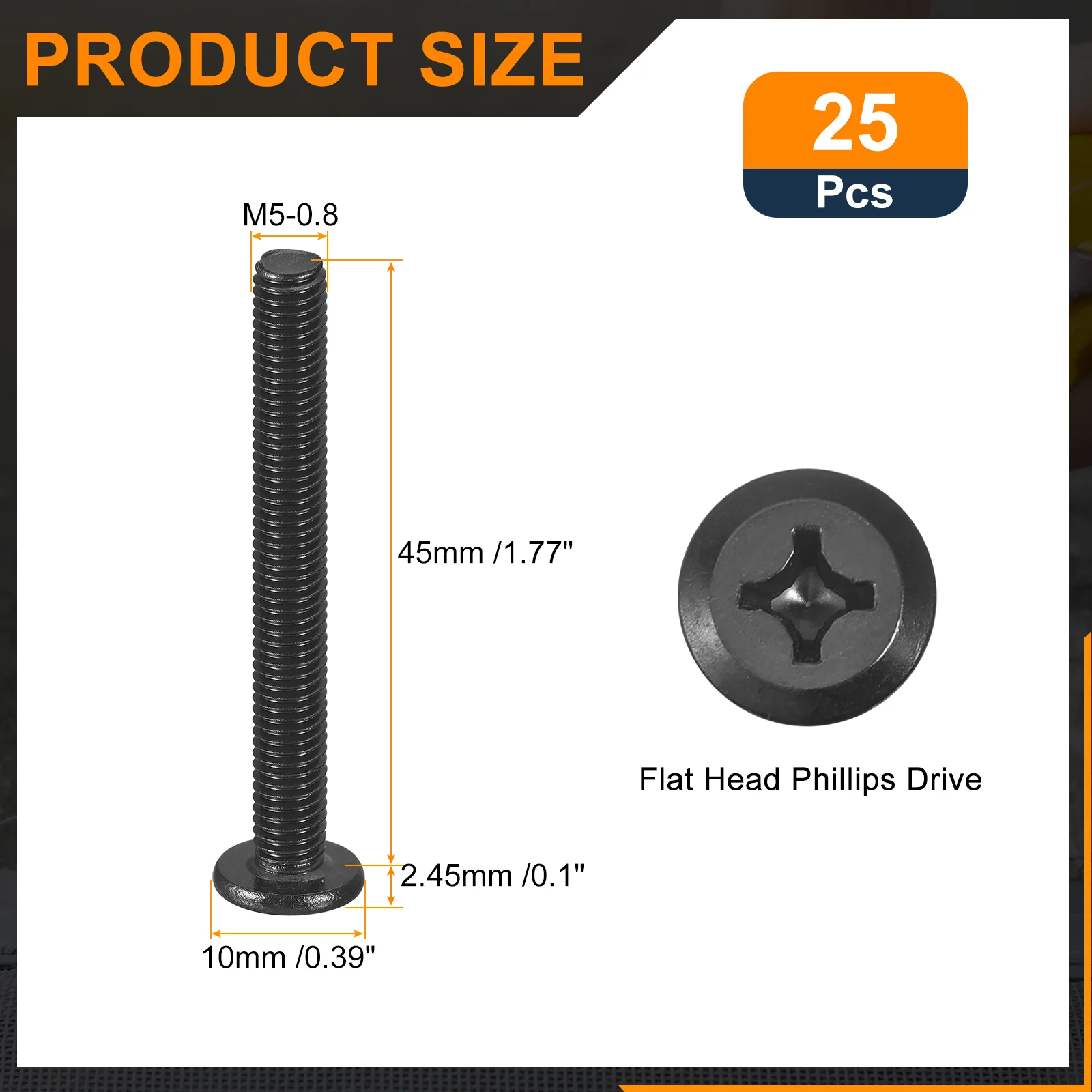 Uxcell 25Pcs M5-0.8 x 45mm Flat Round Head Machine Screws, Phillips Drive Fastener - Image 2