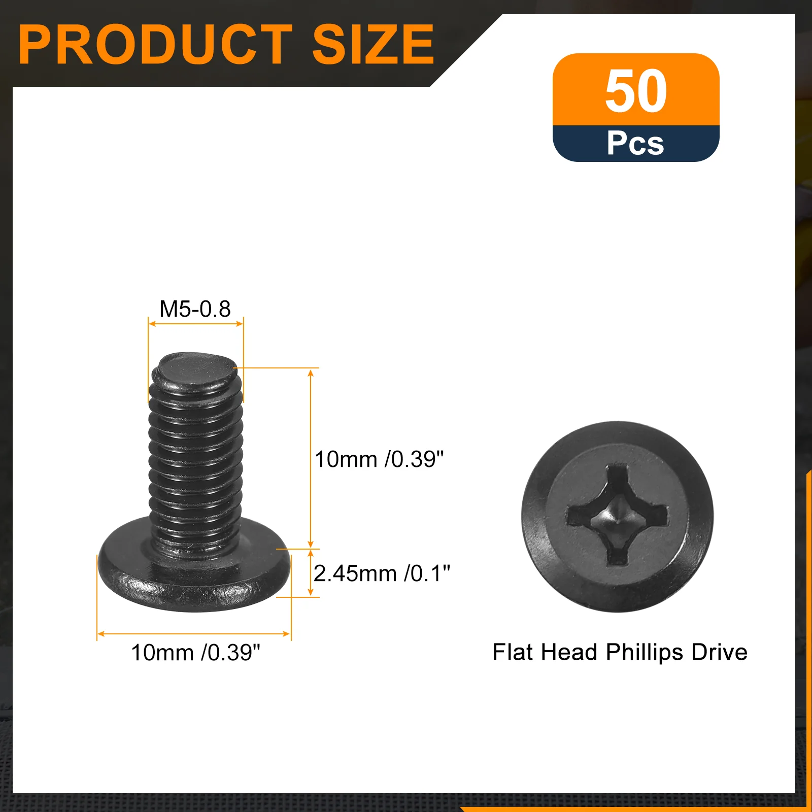 Uxcell 50Pcs M5-0.8 x 10mm Flat Round Head Machine Screws, Phillips Drive Fastener - Image 2