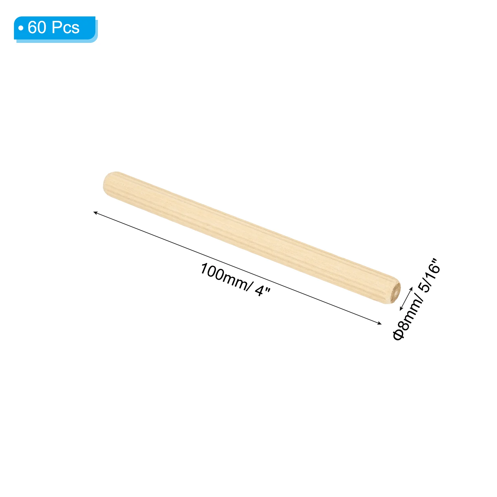 5/16" x 4"(8 x 100mm) Wood Dowel Pins, 60 Pack Fluted Wooden Dowel Pin Straight Groove Rods for Furniture Door Art Crafts Projects - Image 2