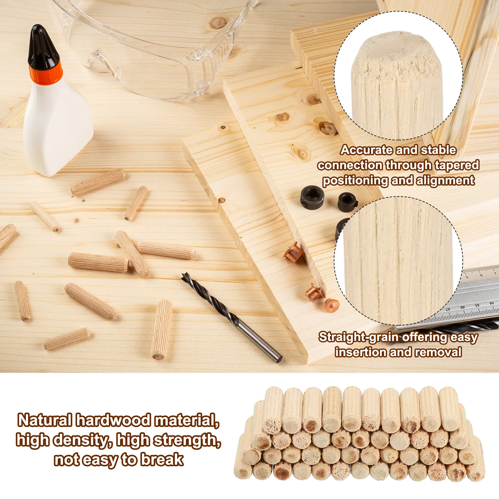 5/16" x 4/5"(8 x 20mm) Wood Dowel Pins, 60 Pack Fluted Wooden Dowel Pin Straight Groove Rods for Furniture Door Art Crafts Projects - Image 3