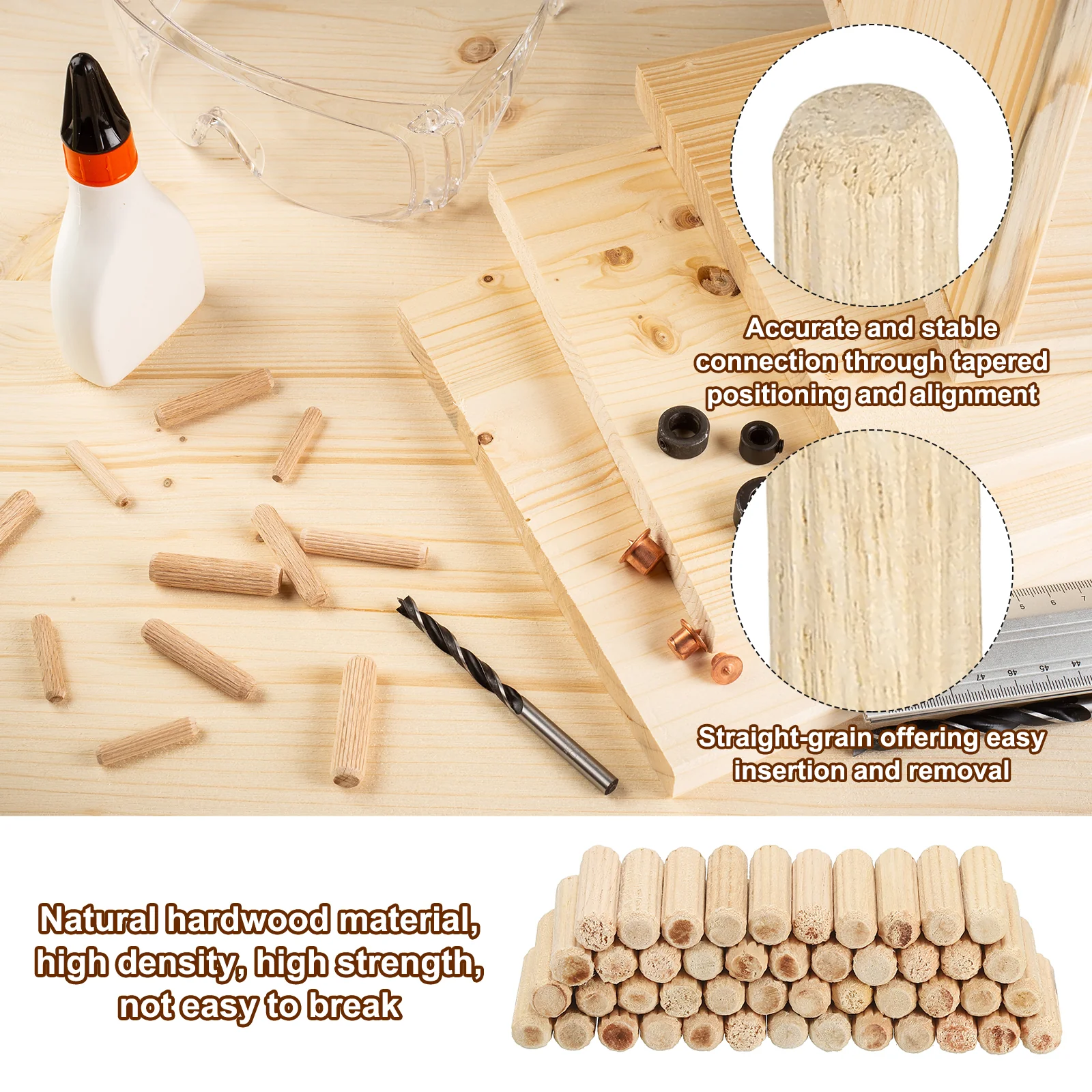 60pcs 8 x 55mm Wood Dowel Pins Fluted Wooden Dowel Pin Straight Groove Rods - Image 3