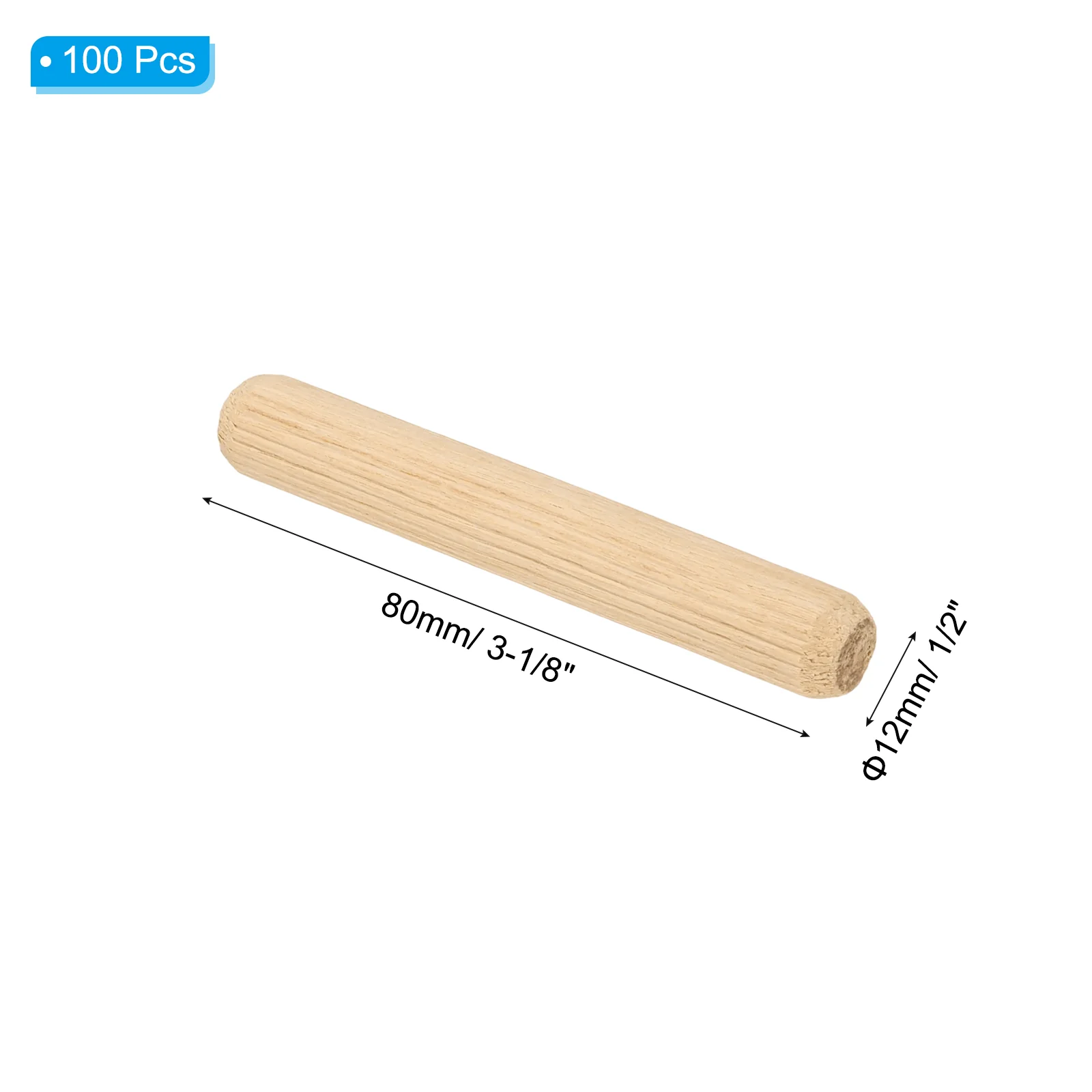 100pcs 12 x 80mm Wood Dowel Pins Fluted Wooden Dowel Pin Straight Groove Rods - Image 2