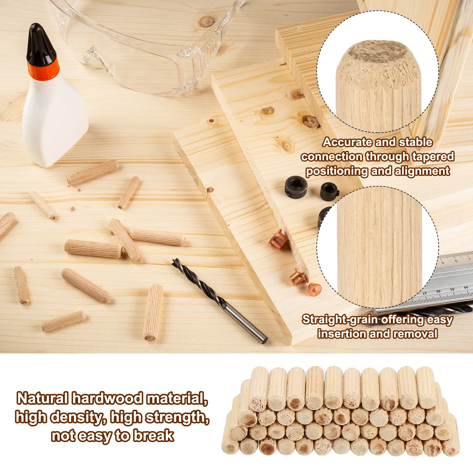100pcs 12 x 80mm Wood Dowel Pins Fluted Wooden Dowel Pin Straight Groove Rods - Image 3