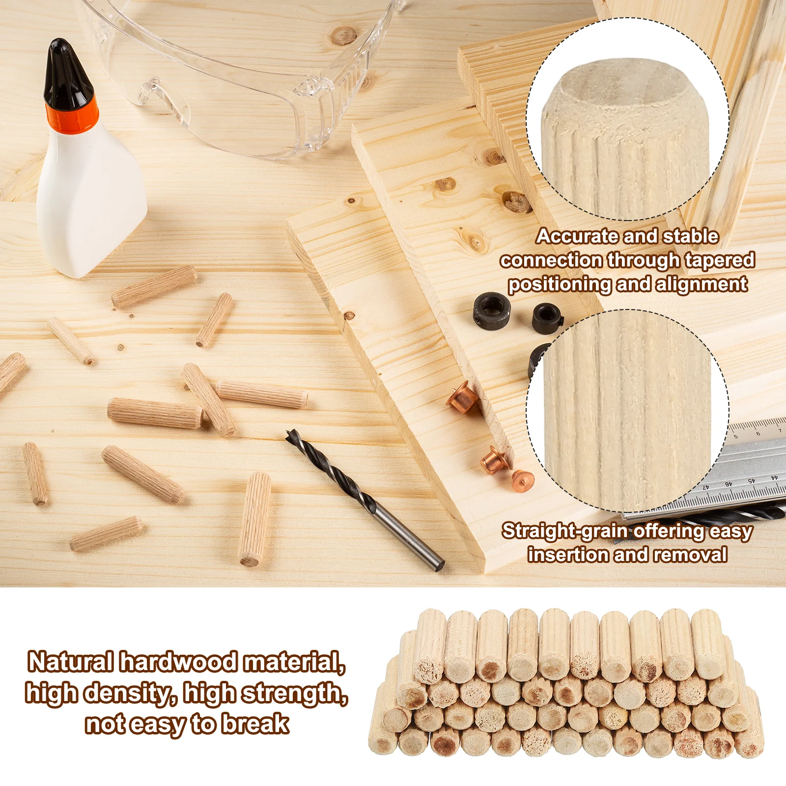 150pcs 10 x 35mm Wood Dowel Pins Fluted Wooden Dowel Pin Straight Groove Rods - Image 3