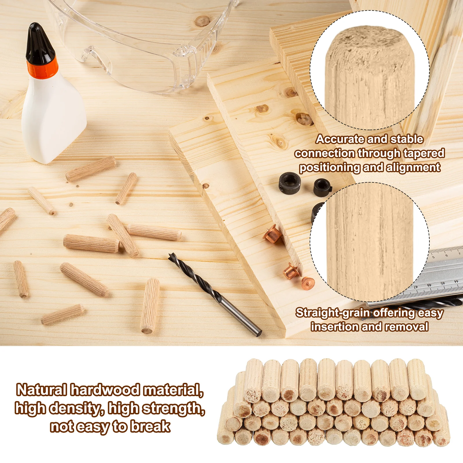 90pcs 10 x 60mm Wood Dowel Pins Fluted Wooden Dowel Pin Straight Groove Rods - Image 3