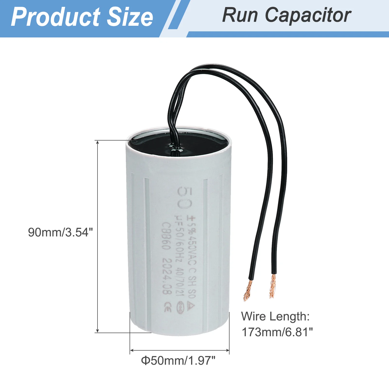 CBB60 50uF Running Capacitors, AC 450V 2 Wires 50/60Hz Cylinder 90x50mm for Water Pumps, Washing Machines Motor Start - Image 2