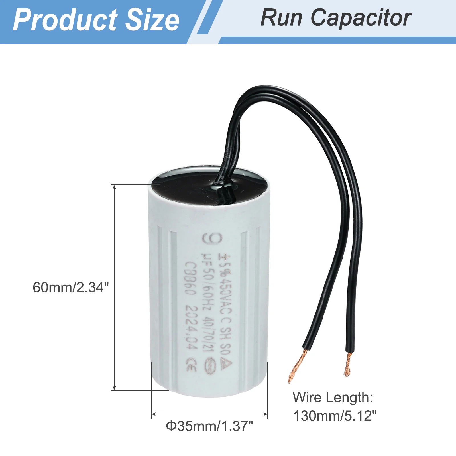 CBB60 9uF Running Capacitors, AC 450V 2 Wires 50/60Hz Cylinder 60x35mm for Water Pumps, Washing Machines Motor Start - Image 2