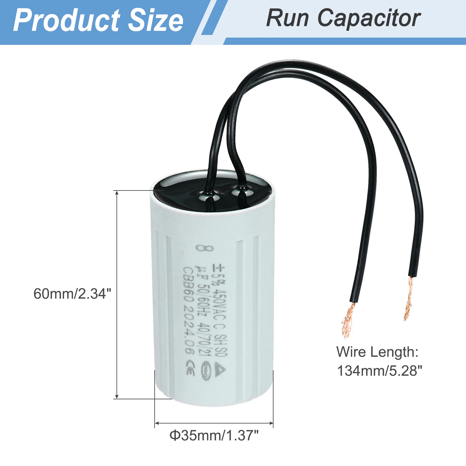 CBB60 8uF Running Capacitors, AC 450V 2 Wires 50/60Hz Cylinder 60x35mm,2Set - Image 2