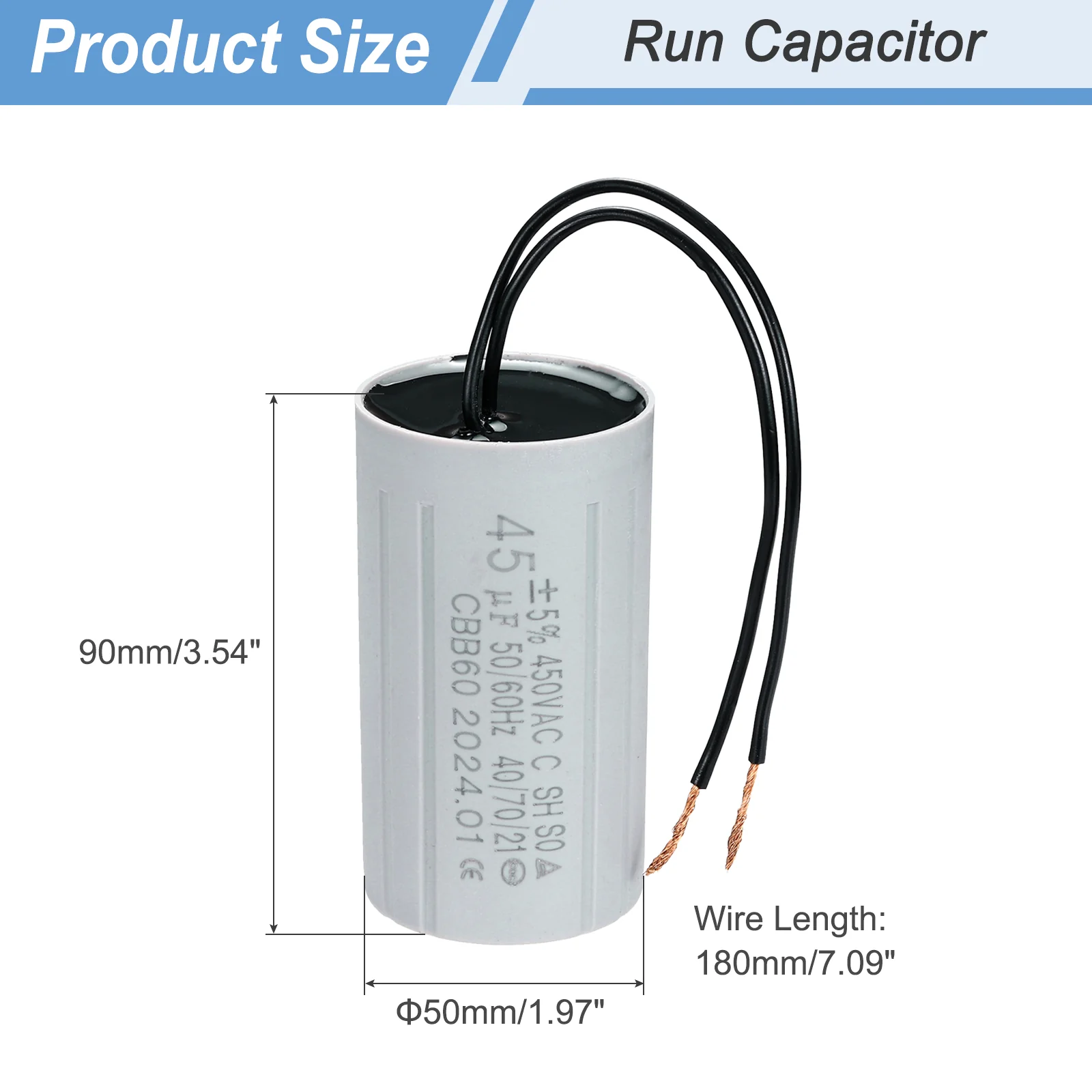 CBB60 45uF Running Capacitors, AC 450V 2 Wires 50/60Hz Cylinder 90x50mm,2Set - Image 2