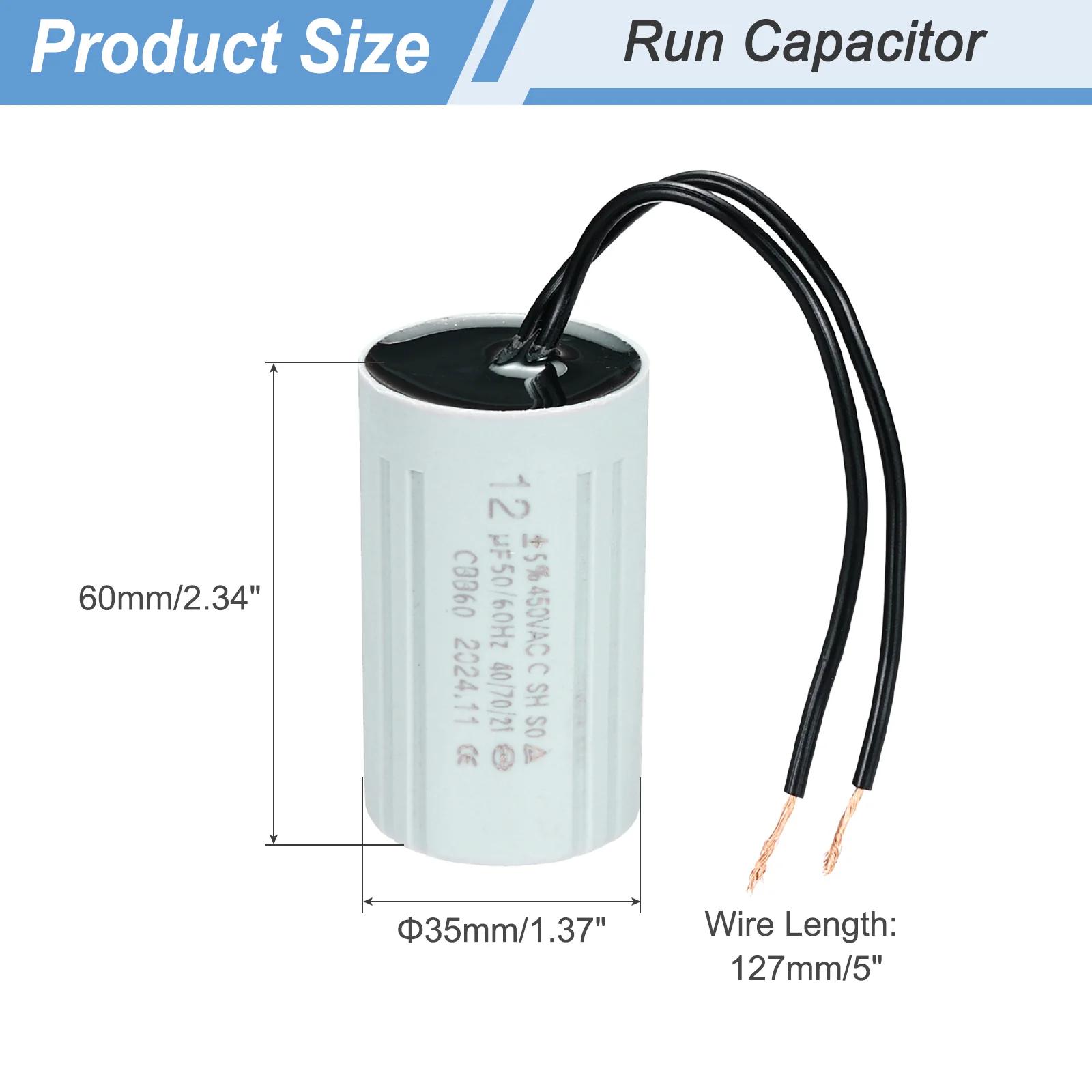 CBB60 12uF Running Capacitors, AC 450V 2 Wires 50/60Hz Cylinder 60x35mm for Water Pumps, Washing Machines Motor Start - Image 2