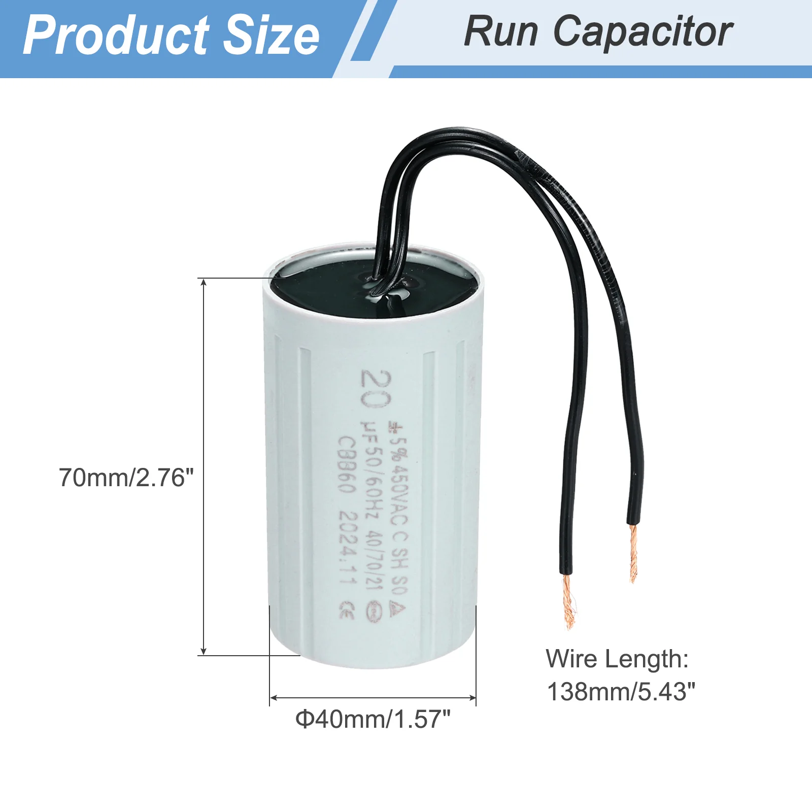 CBB60 20uF Running Capacitors, AC 450V 2 Wires 50/60Hz Cylinder 70x40mm,2Set - Image 2