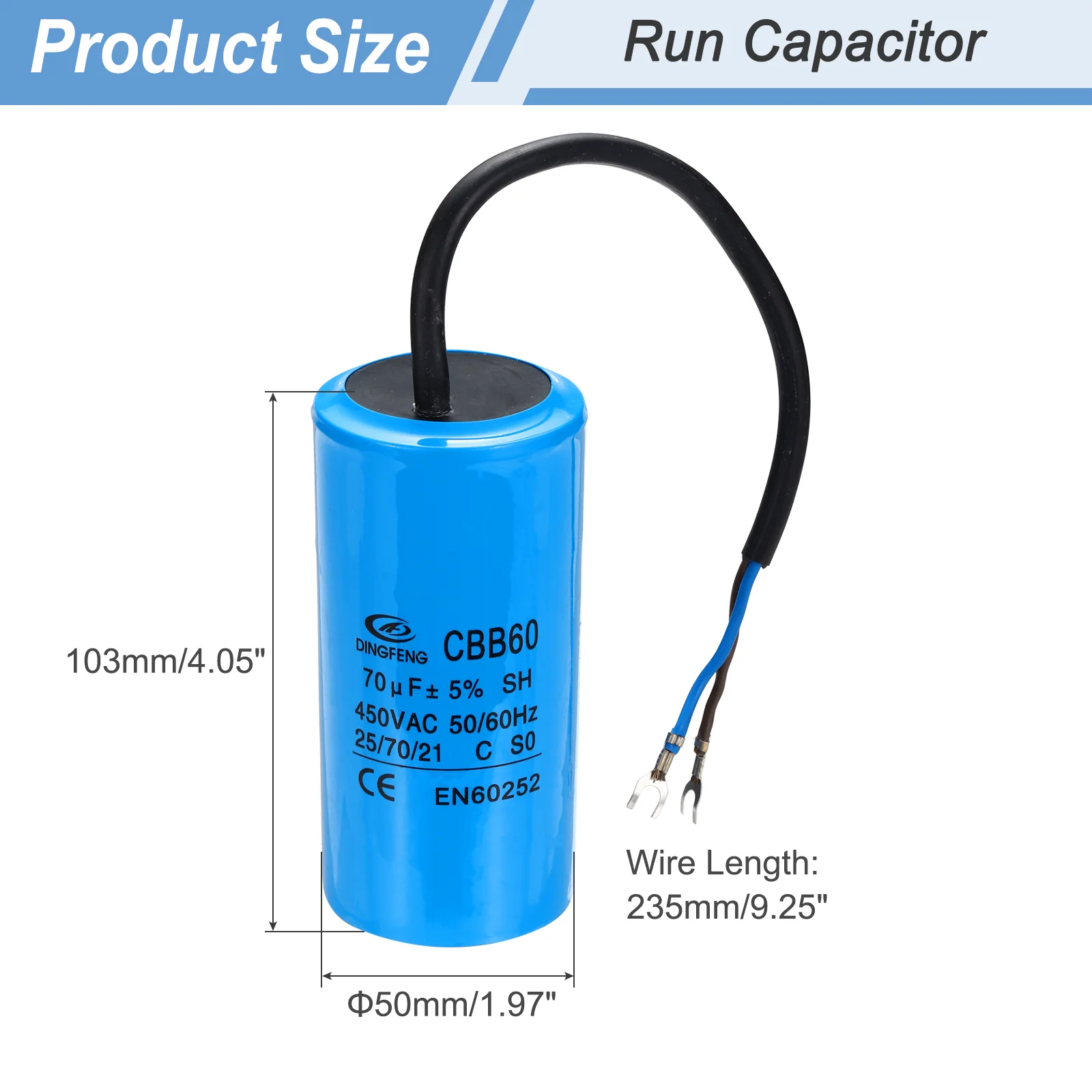 CBB60 70uF Running Capacitors, AC 450V 2 Wires 50/60Hz Cylinder 103x50mm,2Set - Image 2