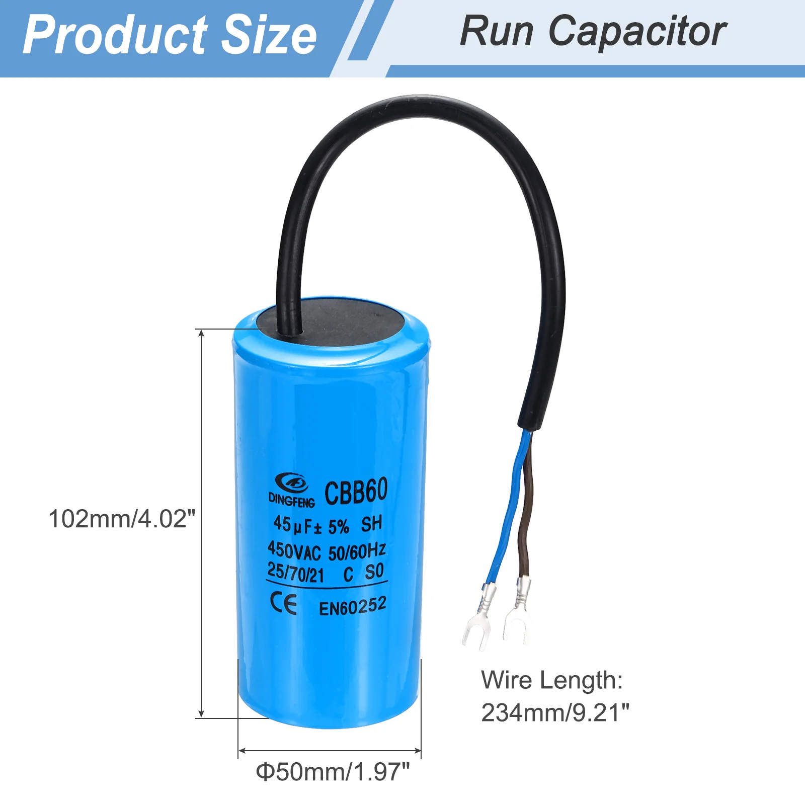CBB60 45uF Running Capacitors, AC 450V 2 Wires 50/60Hz Cylinder 102x50mm - Image 2