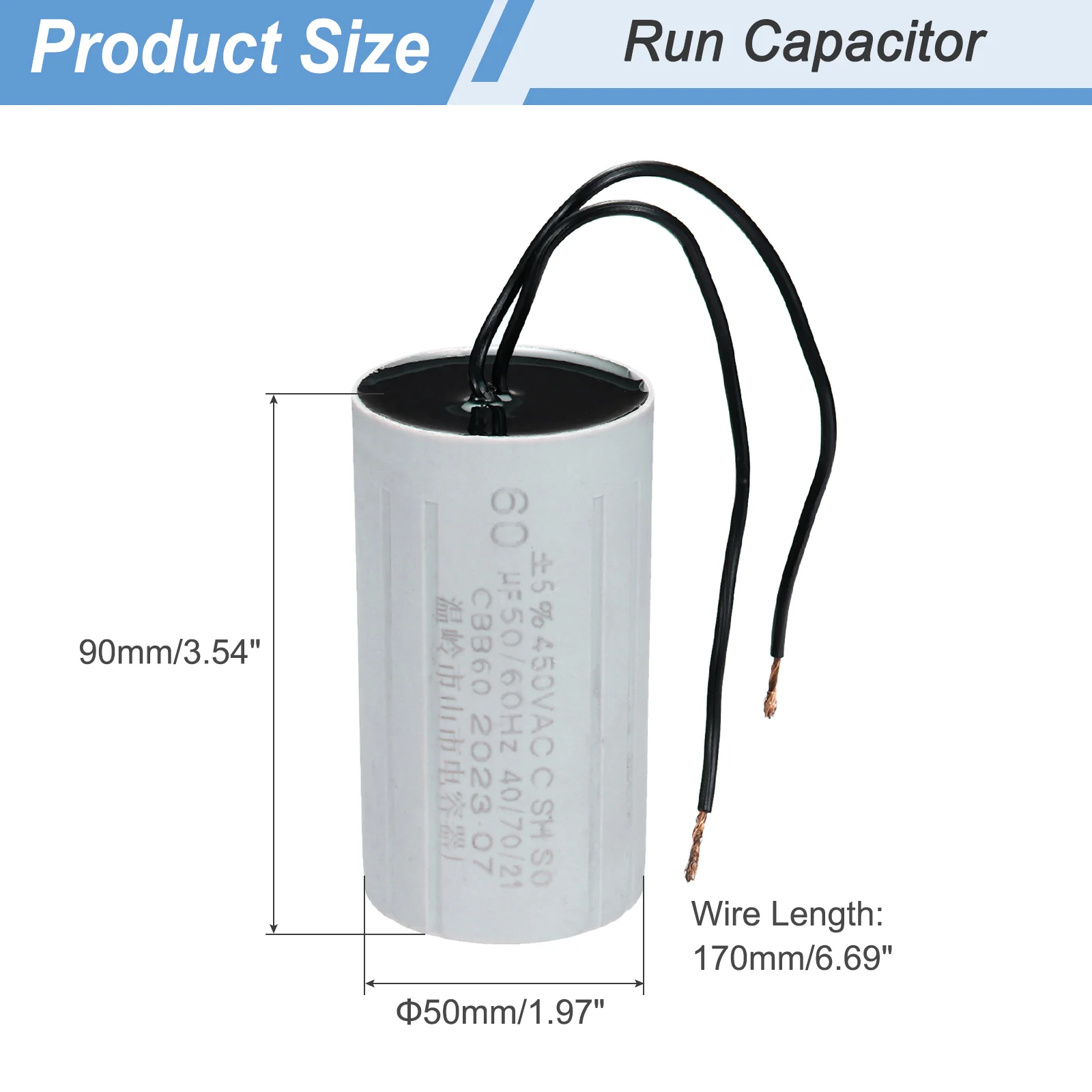 CBB60 60uF Running Capacitors, AC 450V 2 Wires 50/60Hz Cylinder 90x50mm,2Set - Image 2