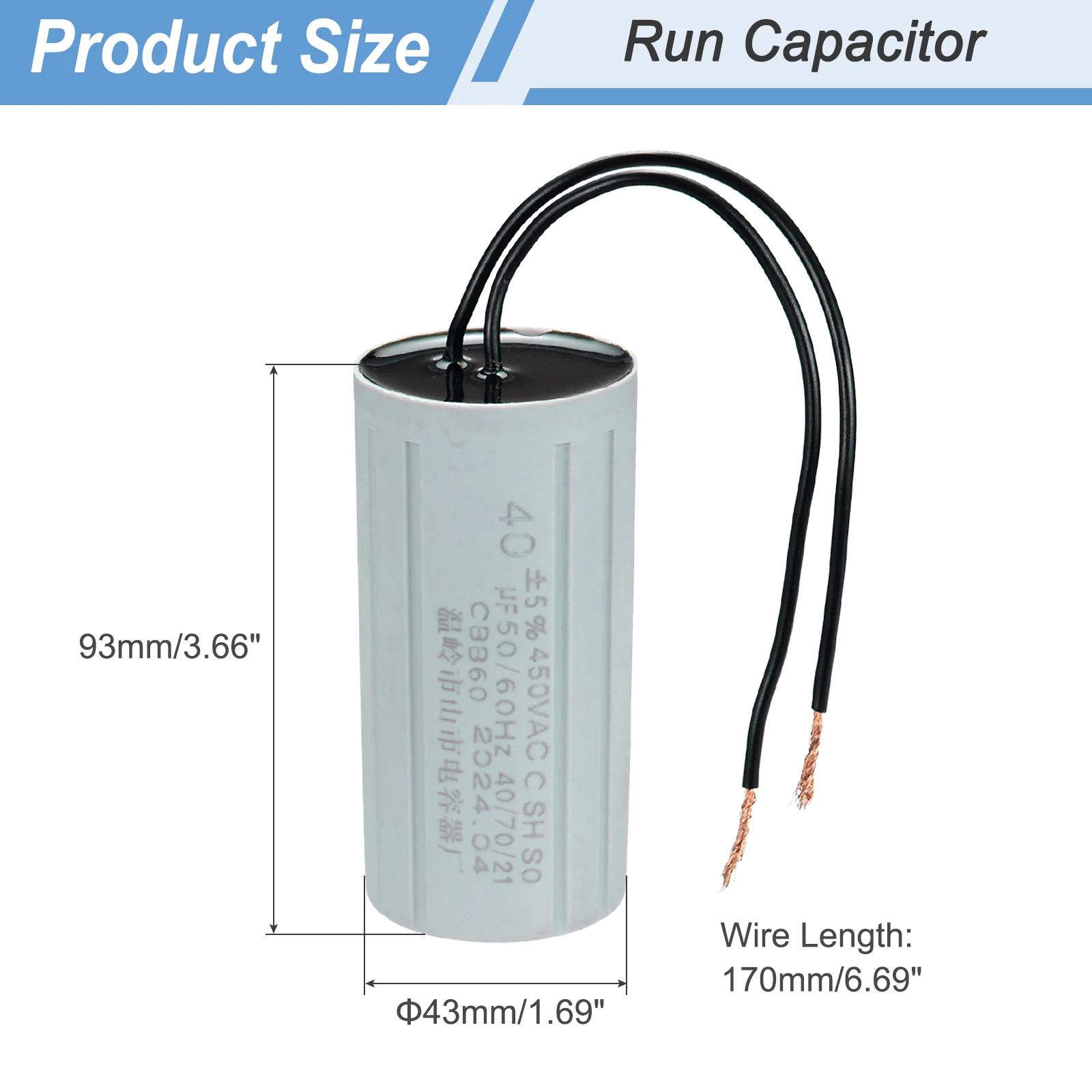 CBB60 40uF Running Capacitors, AC 450V 2 Wires 50/60Hz Cylinder 93x43mm,2Set - Image 2