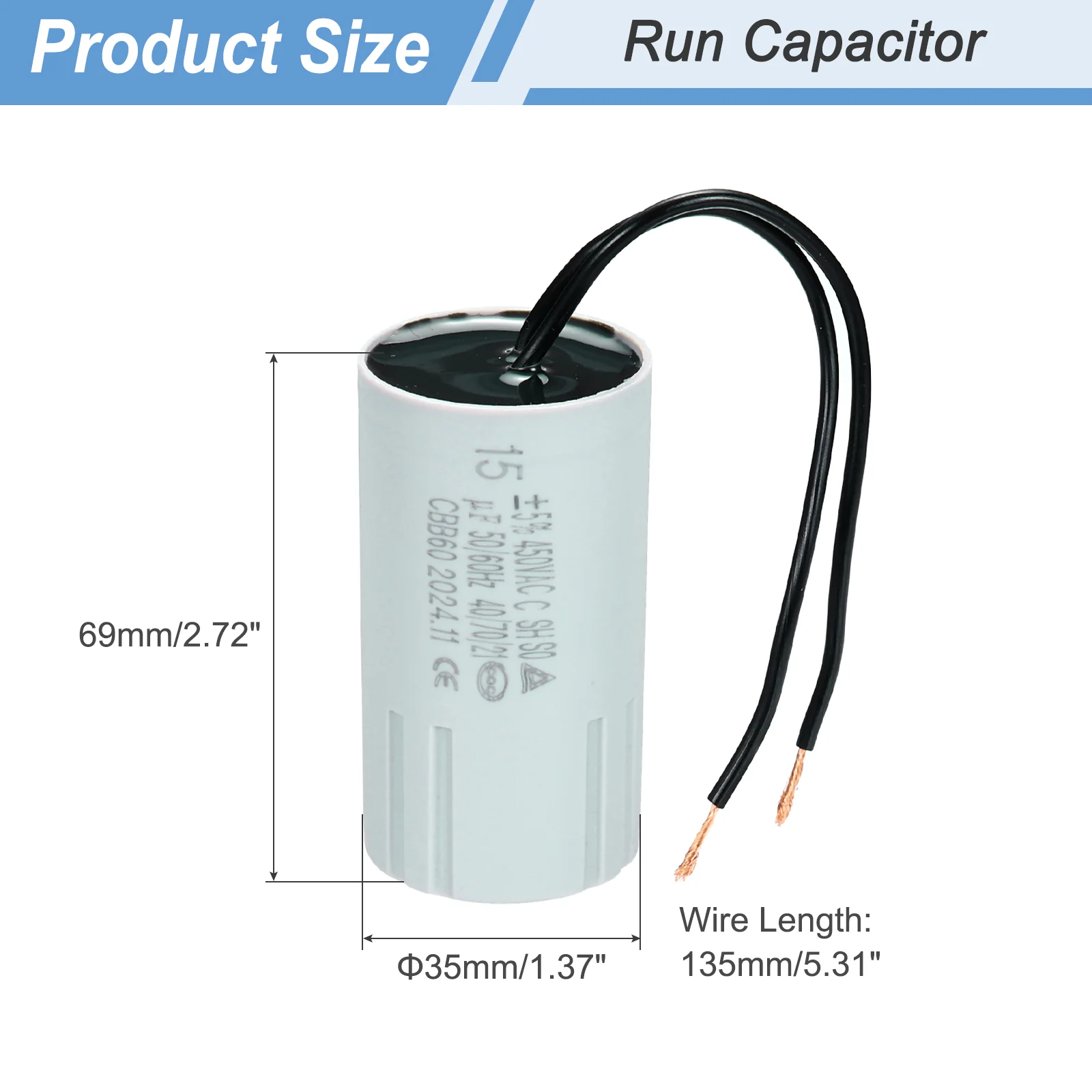 CBB60 15uF Running Capacitors, AC 450V 2 Wires 50/60Hz Cylinder 69x37mm,3Set - Image 2