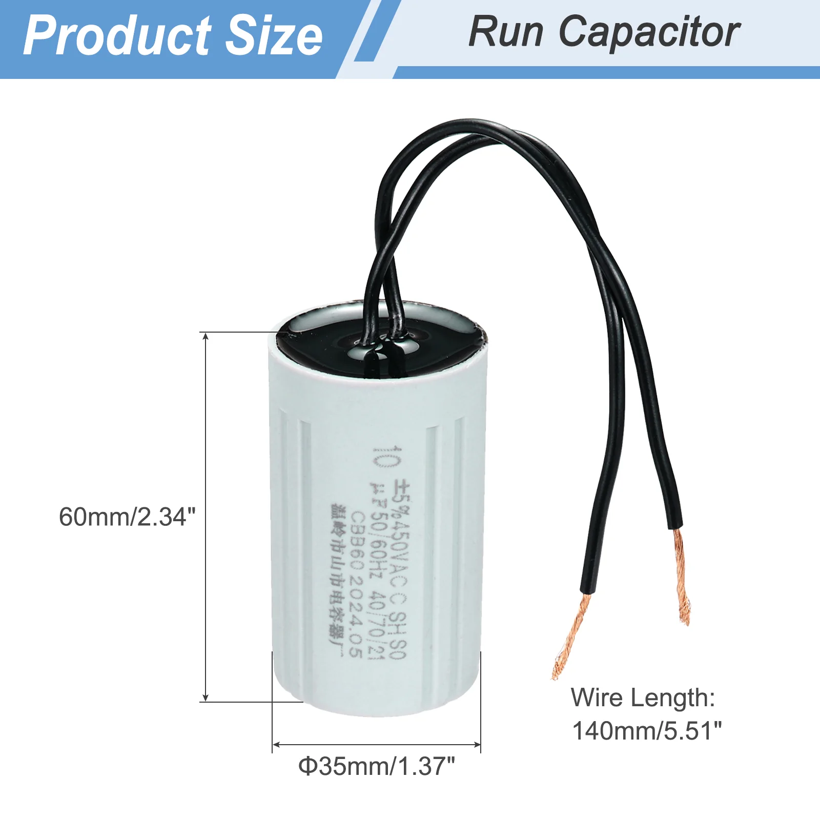 CBB60 10uF Running Capacitors, AC 450V 2 Wires 50/60Hz Cylinder 60x35mm,3Set - Image 2