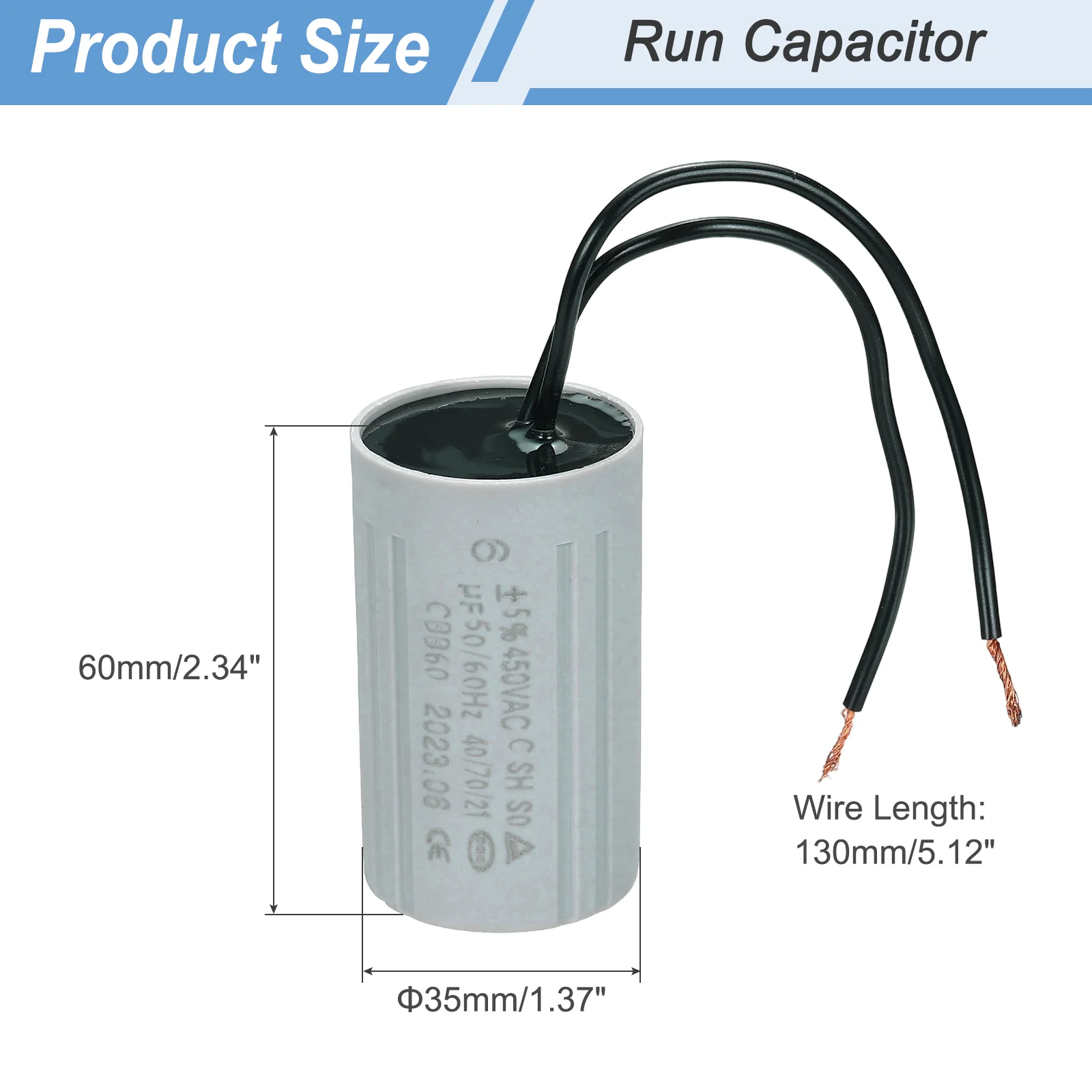 CBB60 6uF Running Capacitors, AC 450V 2 Wires 50/60Hz Cylinder 60x35mm,3Set - Image 2