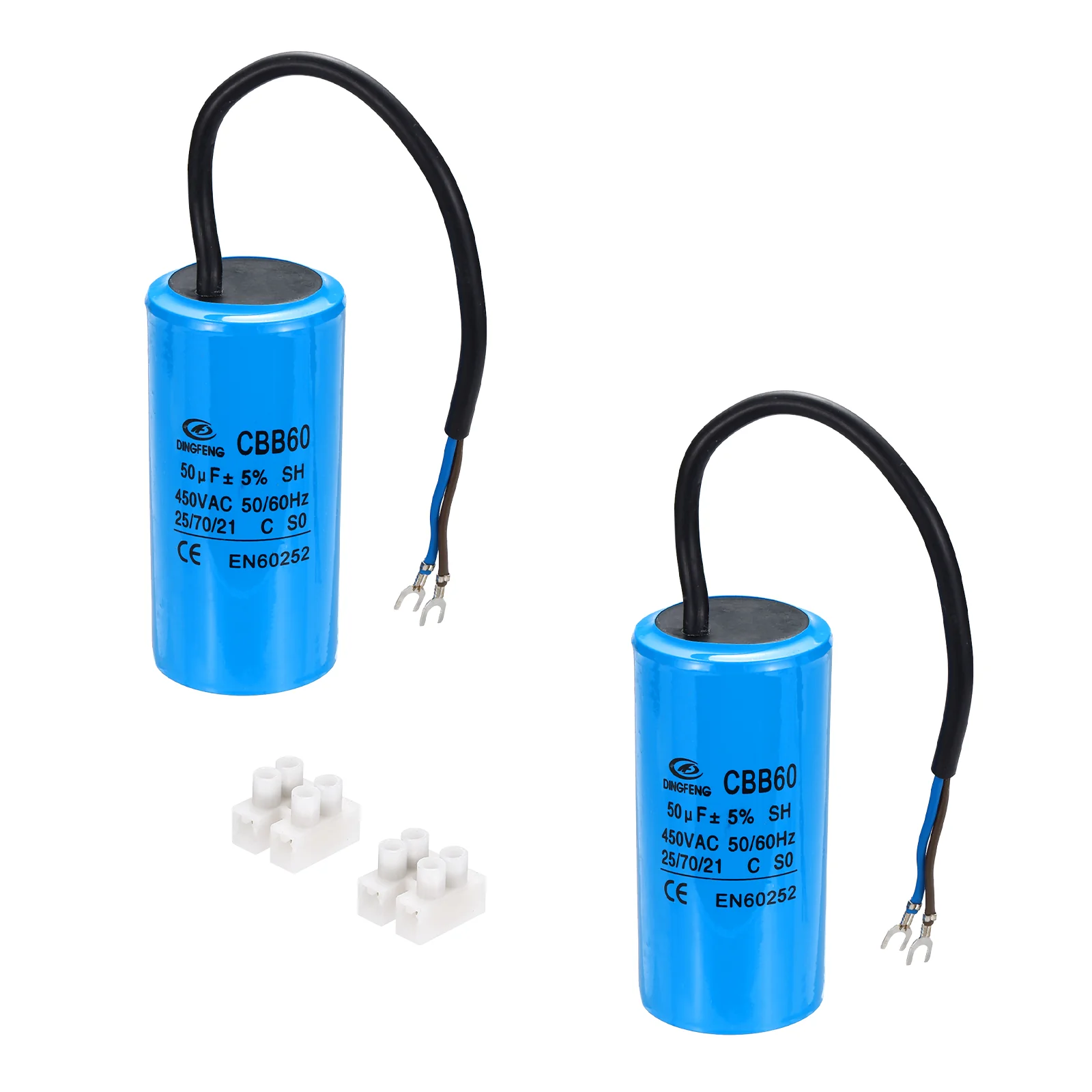 CBB60 50uF Running Capacitors, AC 450V 2 Wires 50/60Hz Cylinder 103x50mm,2Set