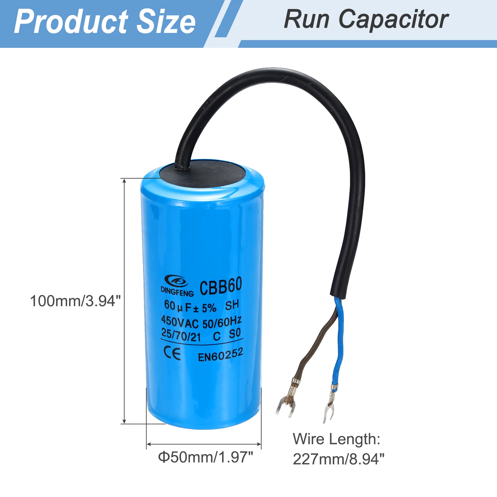 CBB60 60uF Running Capacitors, AC 450V 2 Wires 50/60Hz Cylinder 100x50mm,2Set - Image 2