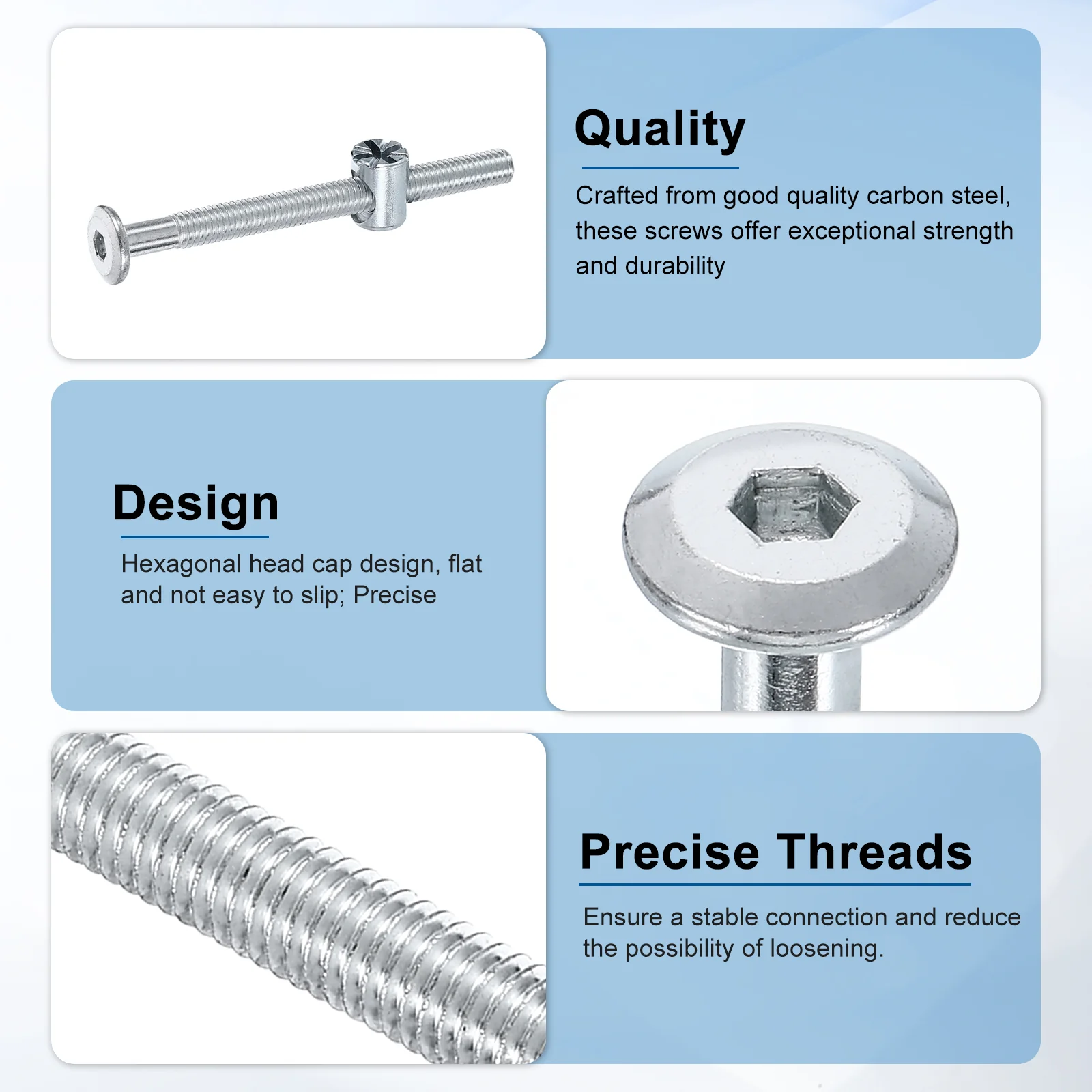 Uxcell 4Pcs Bed Frame Bolts, M6 x 70mm Hex Socket Head Screws Bolts Barrel Nuts Bunk Bed Bolts Furniture Screws with Rice-shaped Head Barrel Nut and Wrench for Chairs Cots, Silver - Image 4