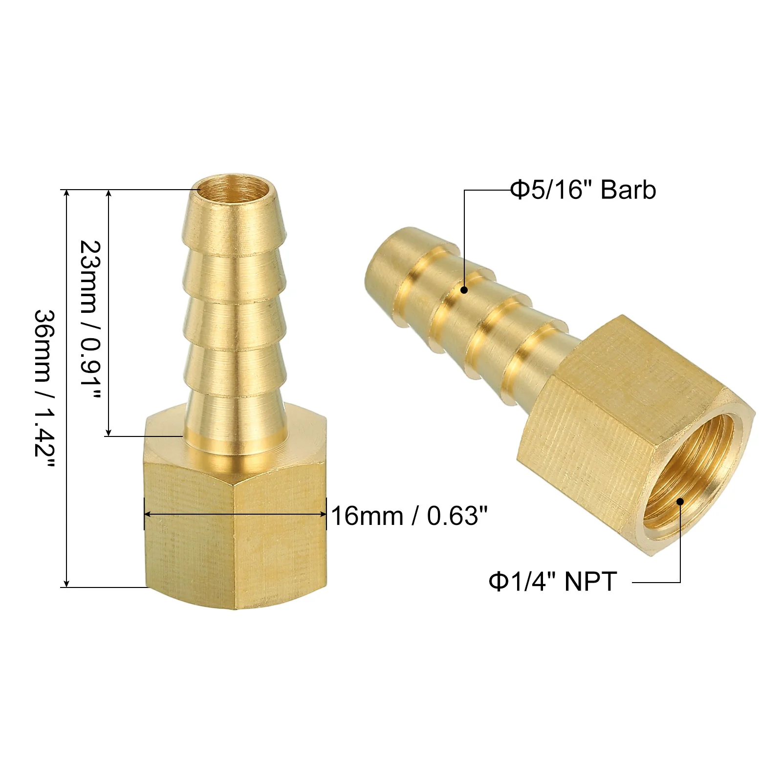 Uxcell 2pcs Brass Hose Barb Fitting, 5/16" Barb x 1/4" NPT Female Barb Pipe Fitting - Image 2