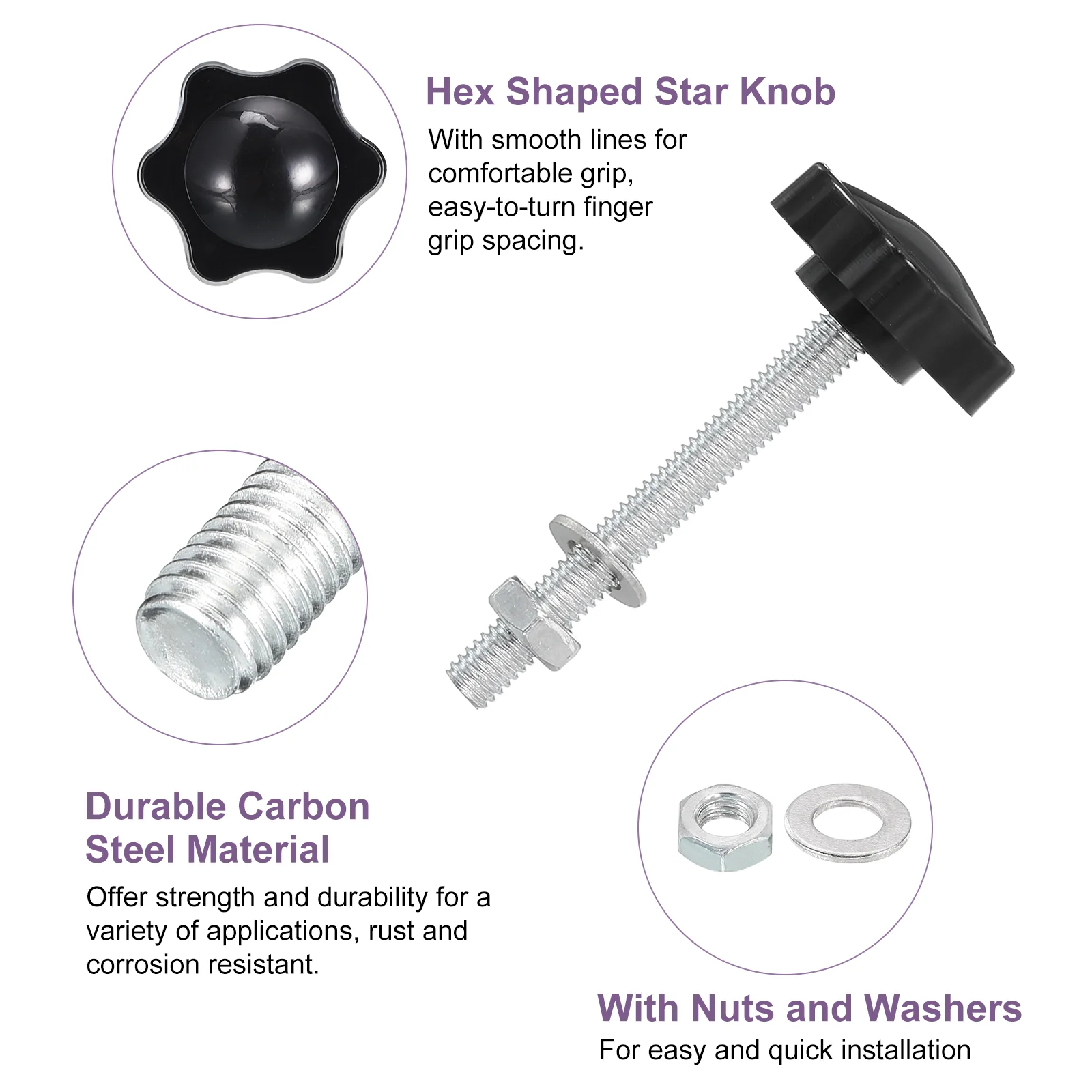 Uxcell 20Pcs M6 x 50mm Star Knobs Plastic Hex Shaped Hand Knob with Washer/Nut - Image 3