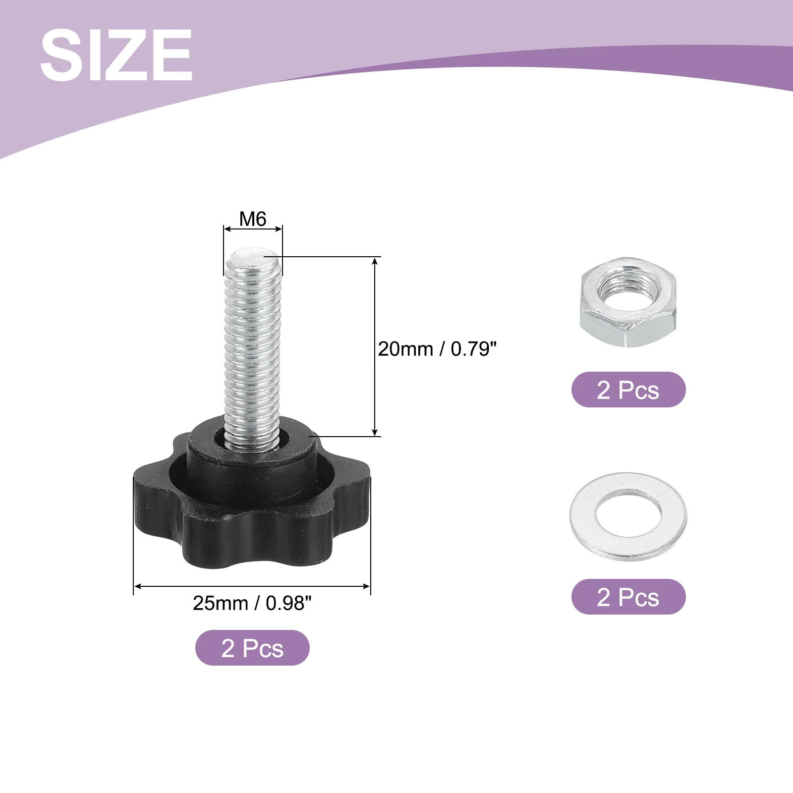 Uxcell 2Pcs M6 x 20mm Star Knobs Plastic Hex Shaped Hand Knob with Washer/Nut - Image 2