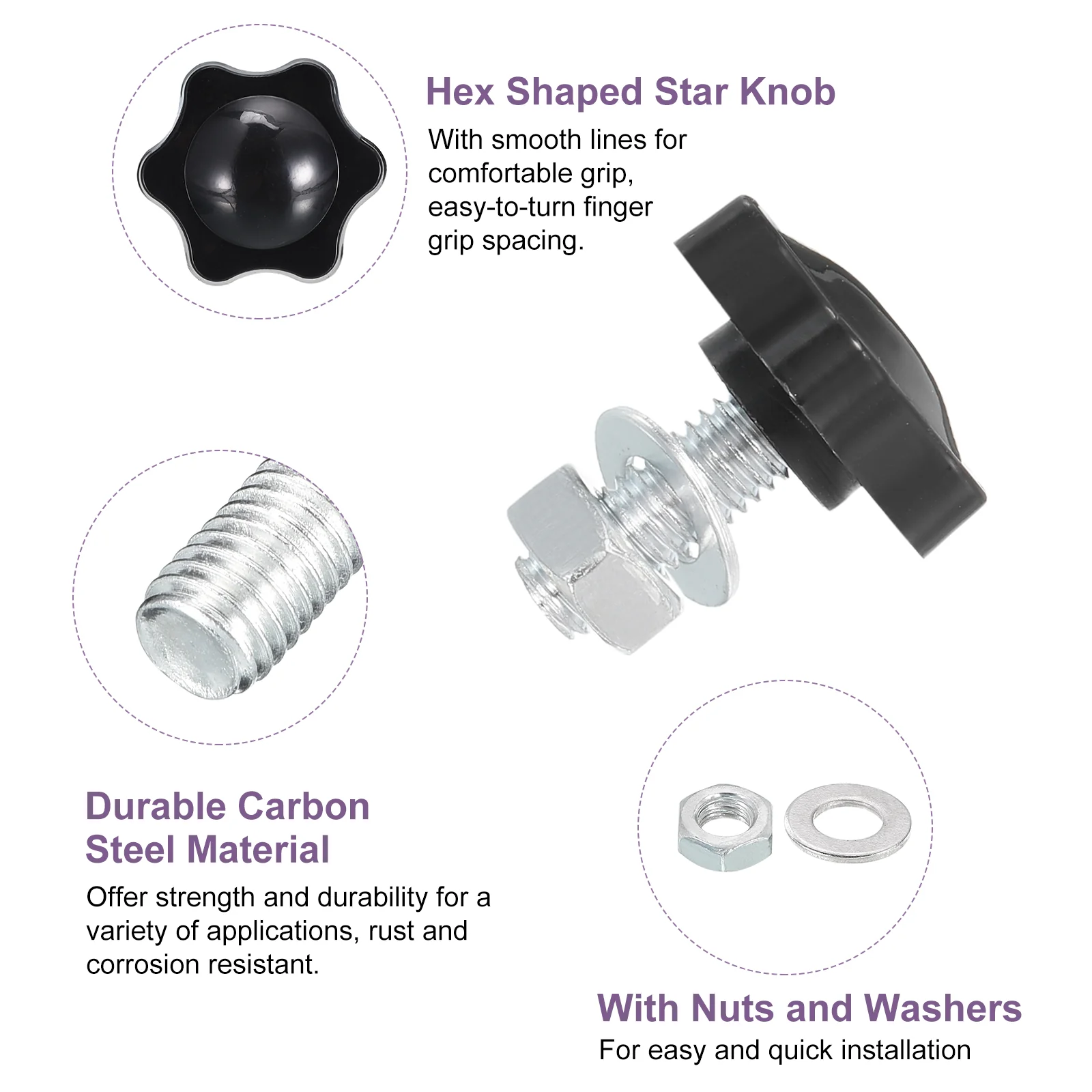 Uxcell 2Pcs M8 x 20mm Star Knobs Plastic Hex Shaped Hand Knob with Washer/Nut - Image 3