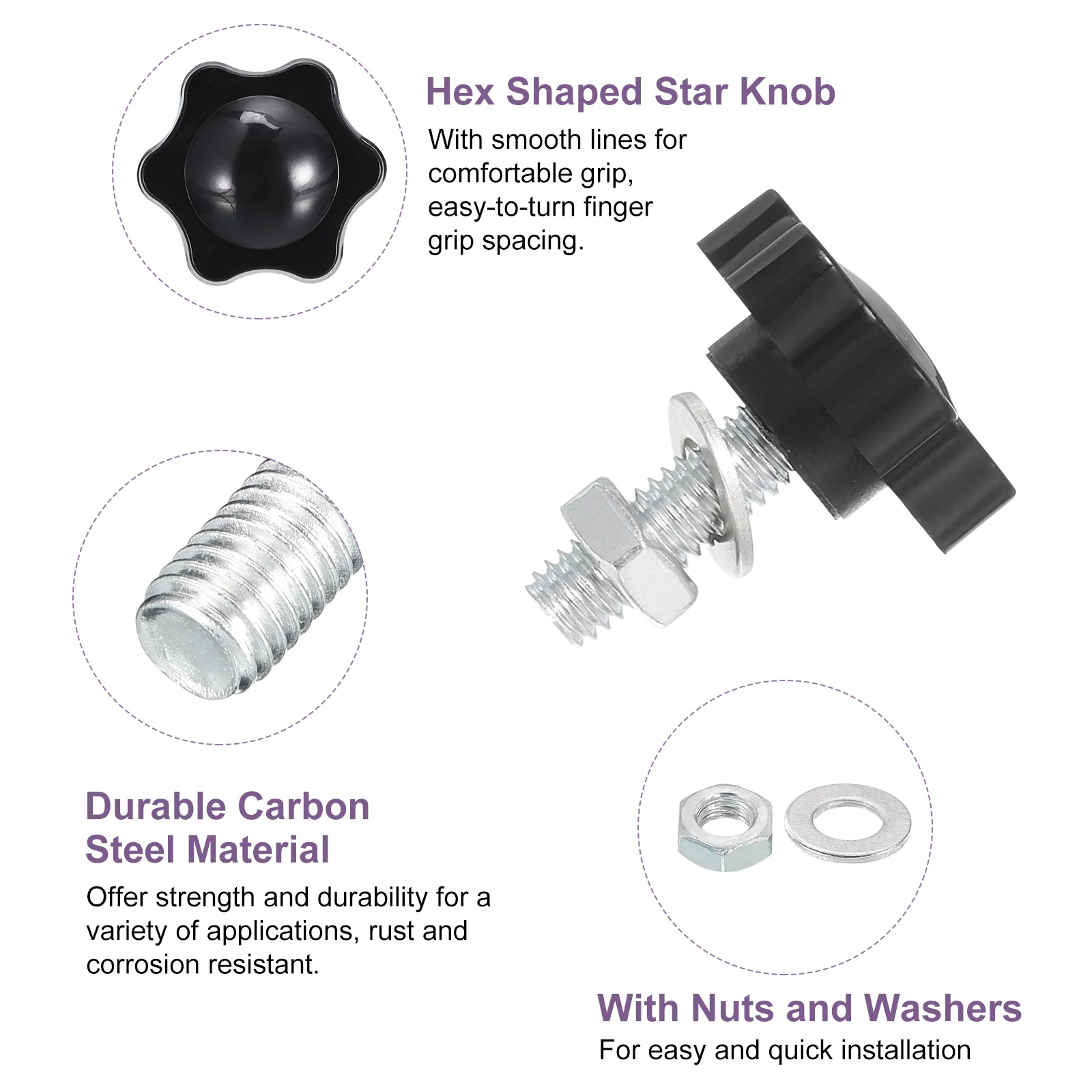 Uxcell 2Pcs M6 x 16mm Star Knobs Plastic Hex Shaped Hand Knob with Washer/Nut - Image 3