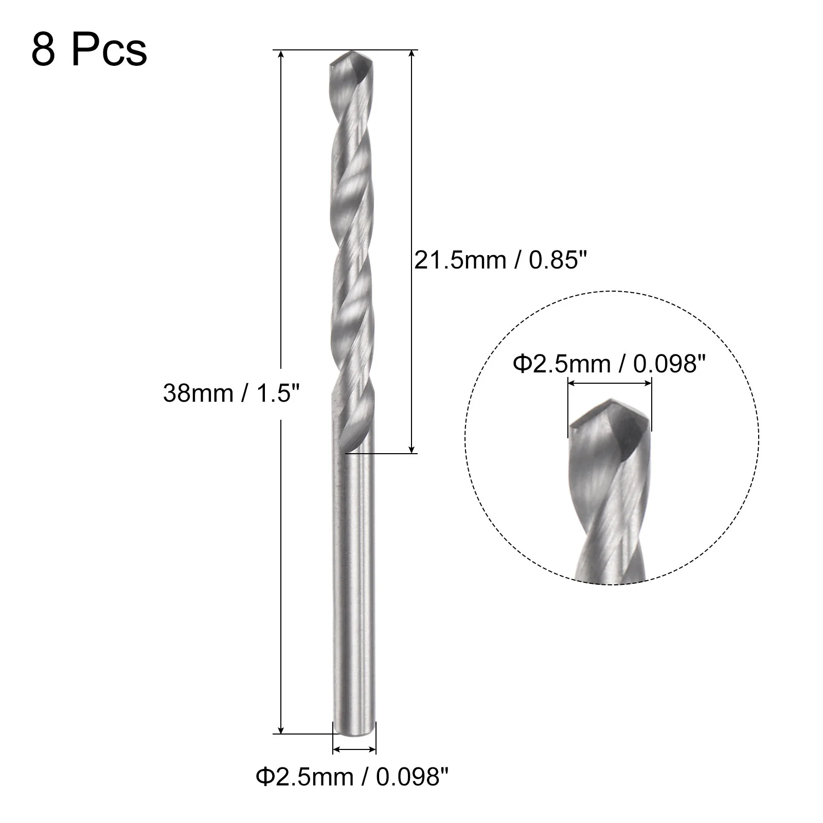 Uxcell 2.5mm C2/K20 Tungsten Carbide Straight Shank Spiral Flutes Twist Drill Bits 8pcs - Image 2