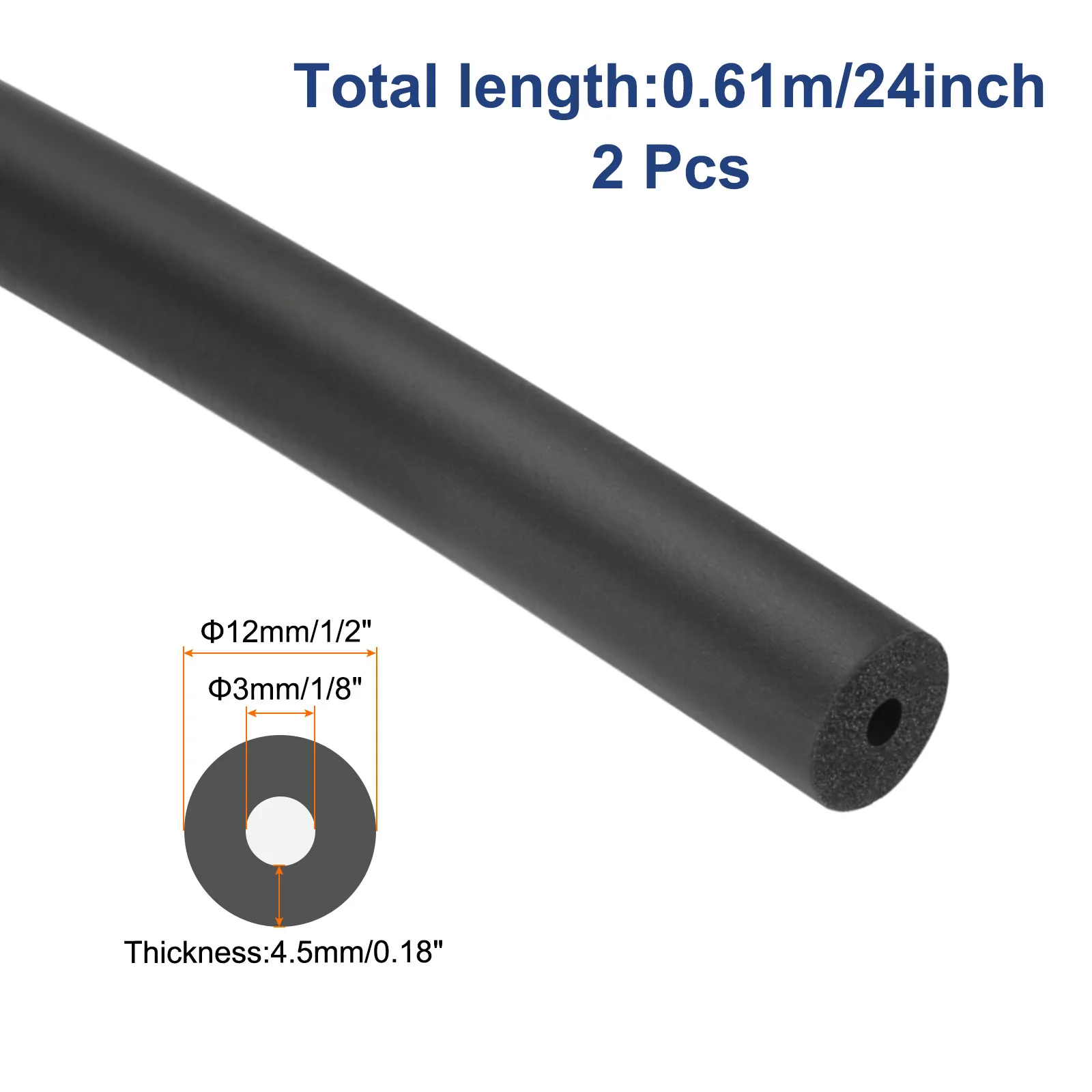 2pcs Pipe Insulation Foam Tube Lagging Insulation 3mm ID 12mm OD 24" Black - Image 2