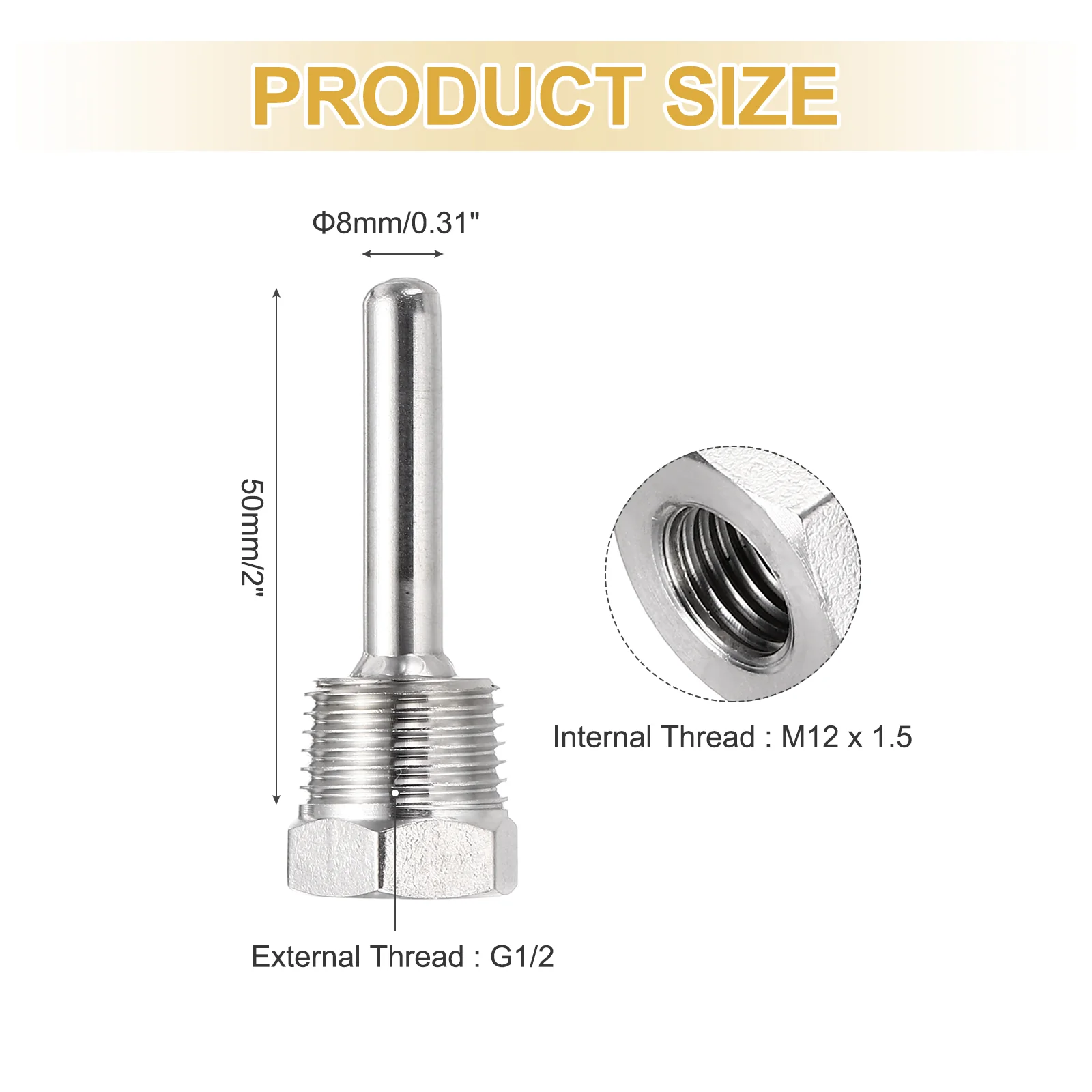 Uxcell Thermowell G1/2 Threads 50mm Stainless Steel Thermowell for Temperature Sensor Thermometer Instruments - Image 2