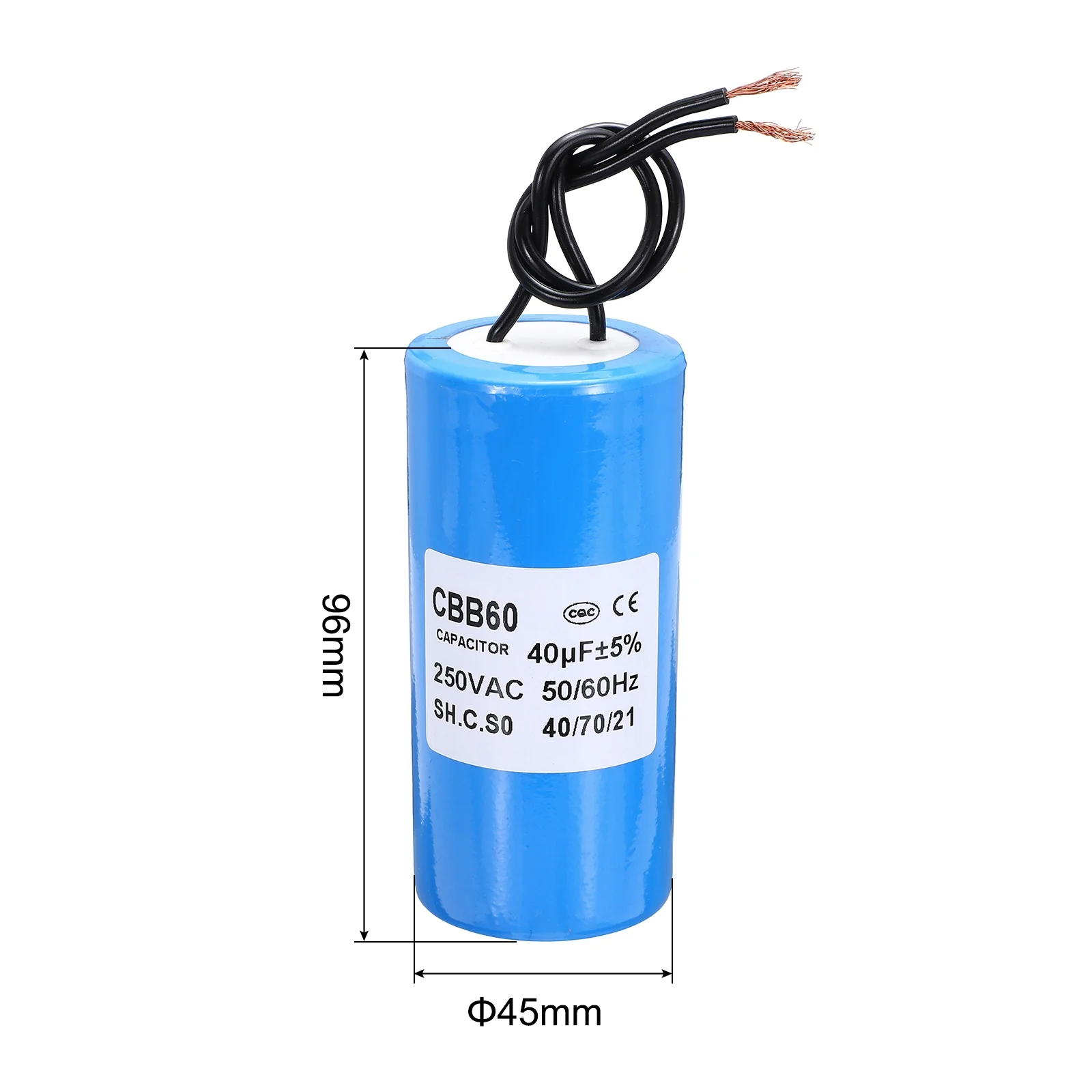 CBB60 40uf Running Capacitor,AC 250V 2 Wires 50/60Hz Cylinder Blue 96x45mm - Image 2
