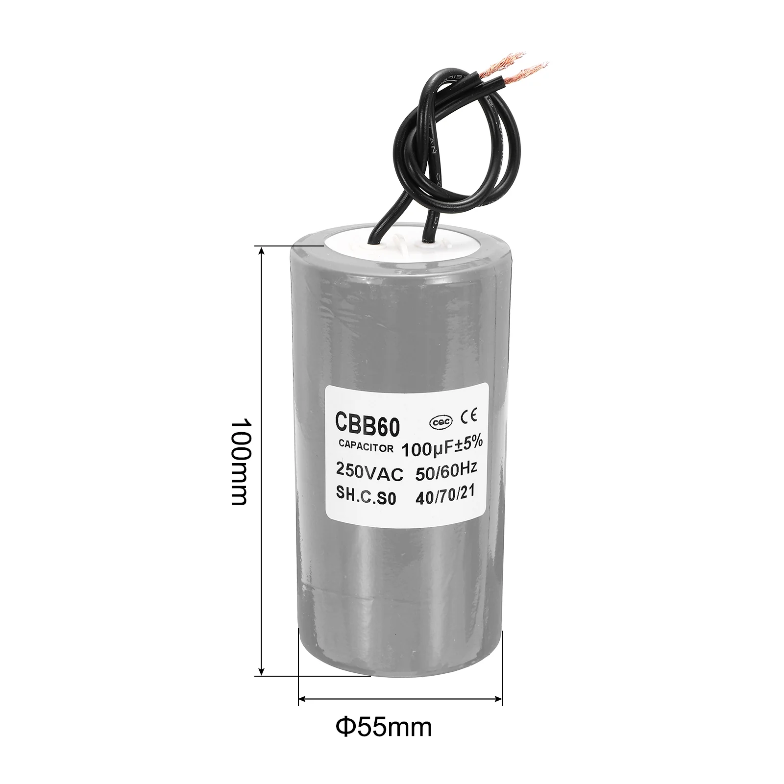 CBB60 100uf Running Capacitor,AC 250V 2 Wires 50/60Hz Cylinder Grey 100x55mm - Image 2