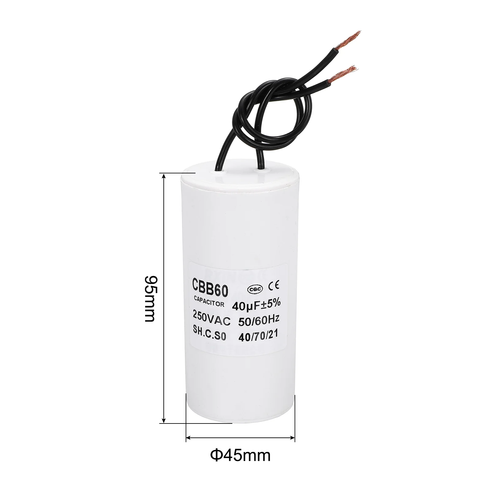CBB60 40uf Running Capacitor,1Pcs AC 250V 2 Wires 50/60Hz Cylinder White 95x45mm for Water Pumps, Washing Machines Motor Start - Image 2