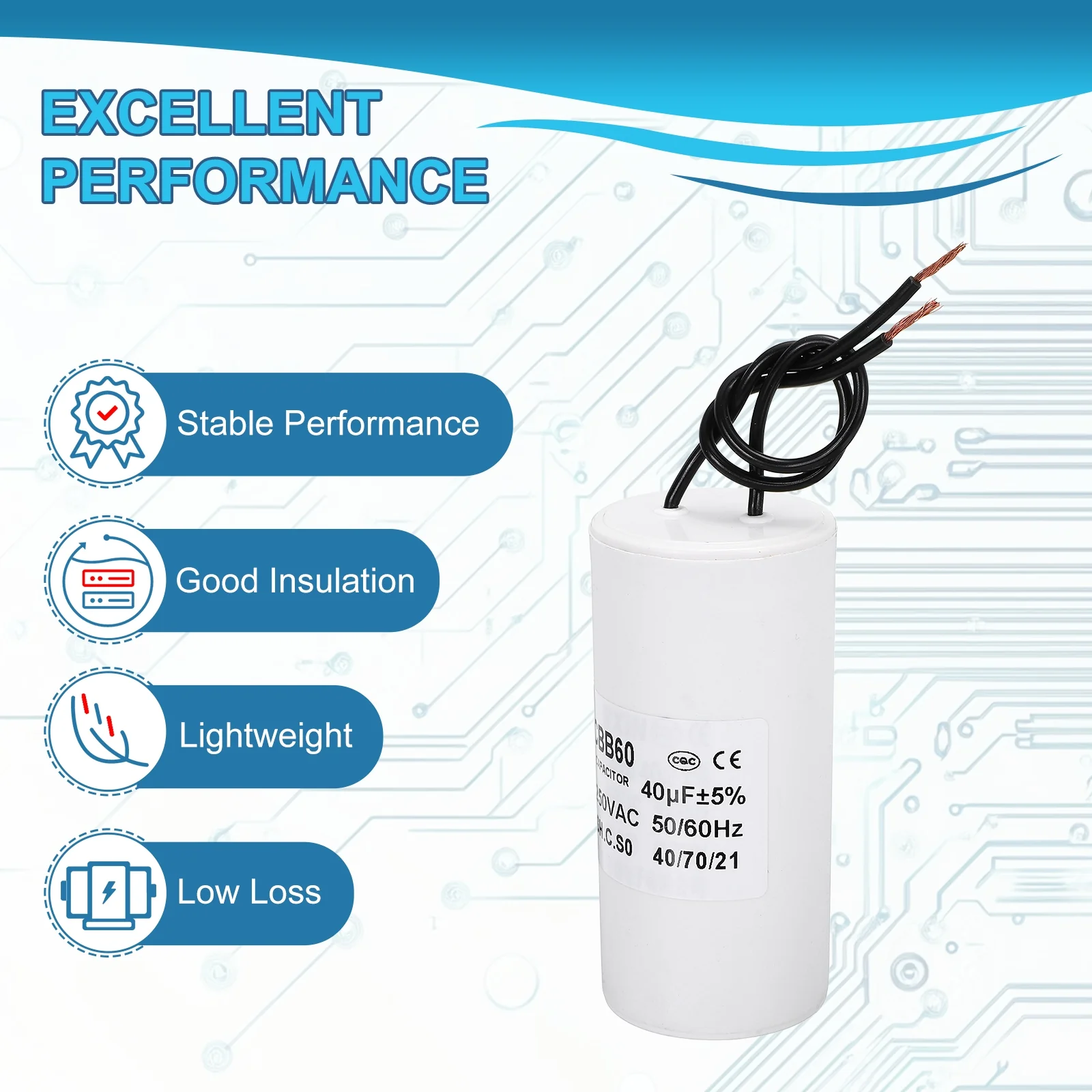 CBB60 40uf Running Capacitor,1Pcs AC 250V 2 Wires 50/60Hz Cylinder White 95x45mm for Water Pumps, Washing Machines Motor Start - Image 4