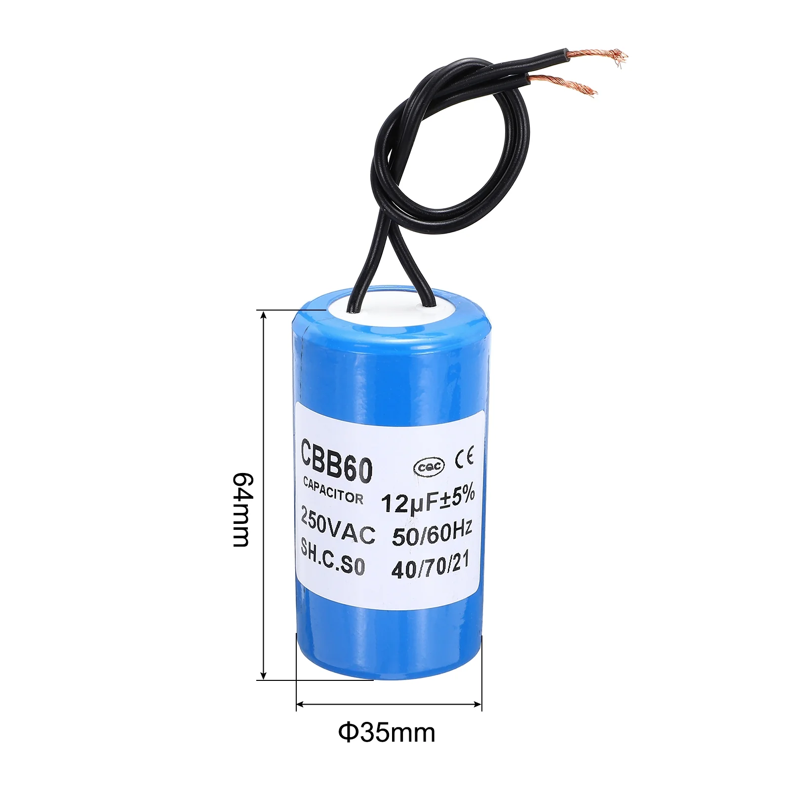 CBB60 12uf Running Capacitor,1Pcs AC 250V 2 Wires 50/60Hz Cylinder Blue 64x35mm for Water Pumps, Washing Machines Motor Start - Image 2