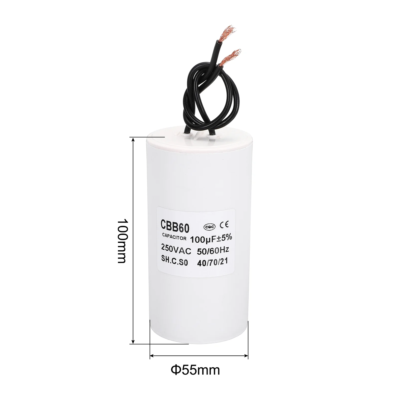 CBB60 100uf Running Capacitor,AC 250V 2 Wires 50/60Hz Cylinder White 100x55mm - Image 2