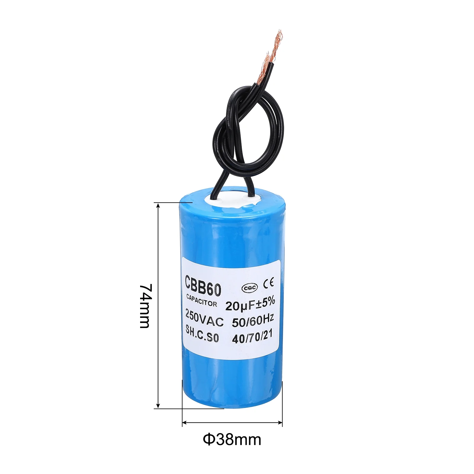 CBB60 20uf Running Capacitor,AC 250V 2 Wires 50/60Hz Cylinder Blue 74x38mm - Image 2