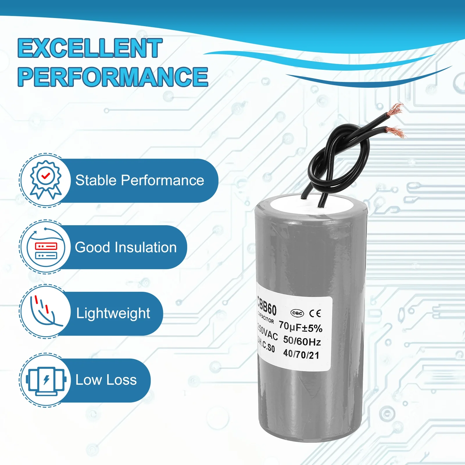 CBB60 70uf Running Capacitor,1Pcs AC 250V 2 Wires 50/60Hz Cylinder Grey 100x50mm for Water Pumps, Washing Machines Motor Start - Image 4