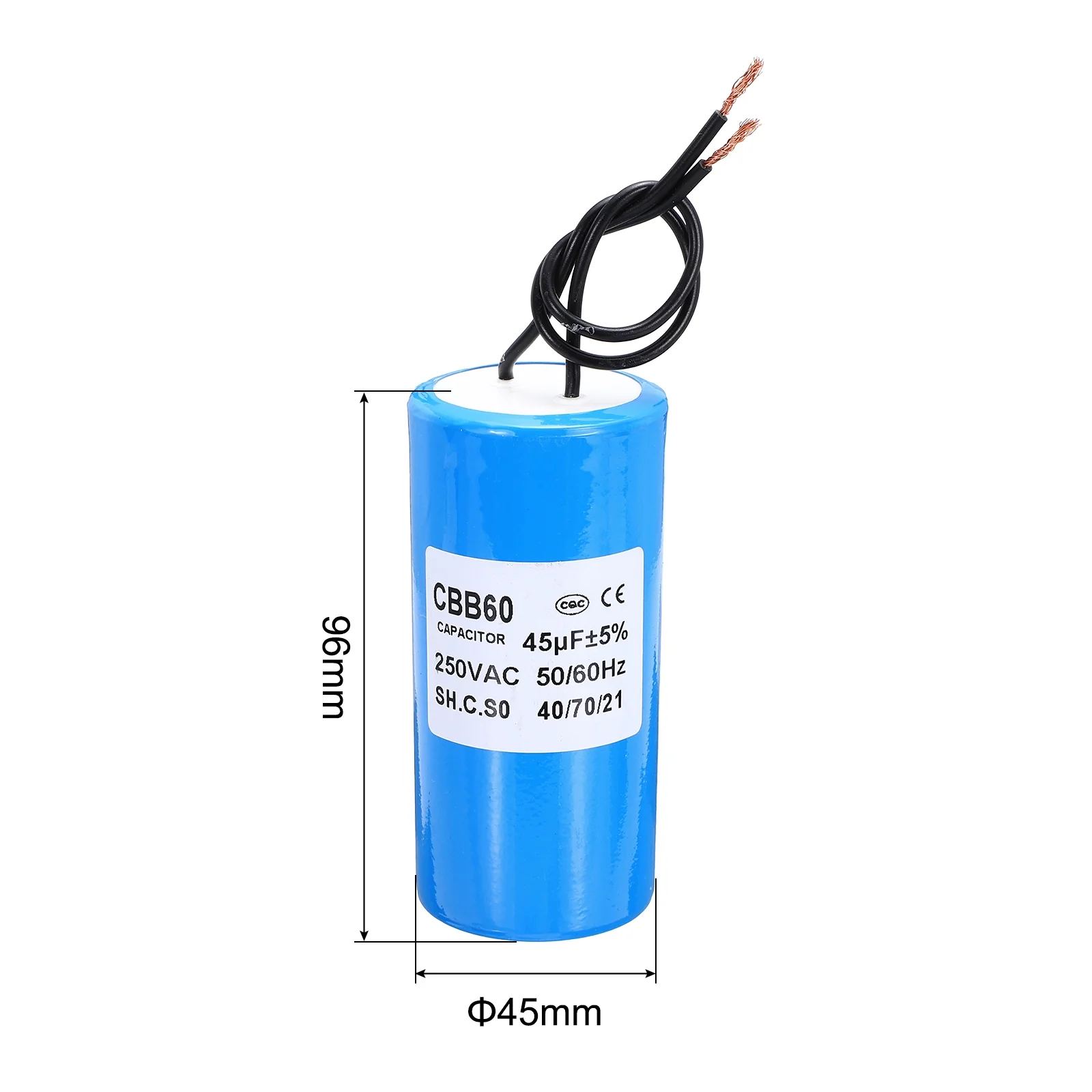 CBB60 45uf Running Capacitor,AC 250V 2 Wires 50/60Hz Cylinder Blue 96x45mm - Image 2