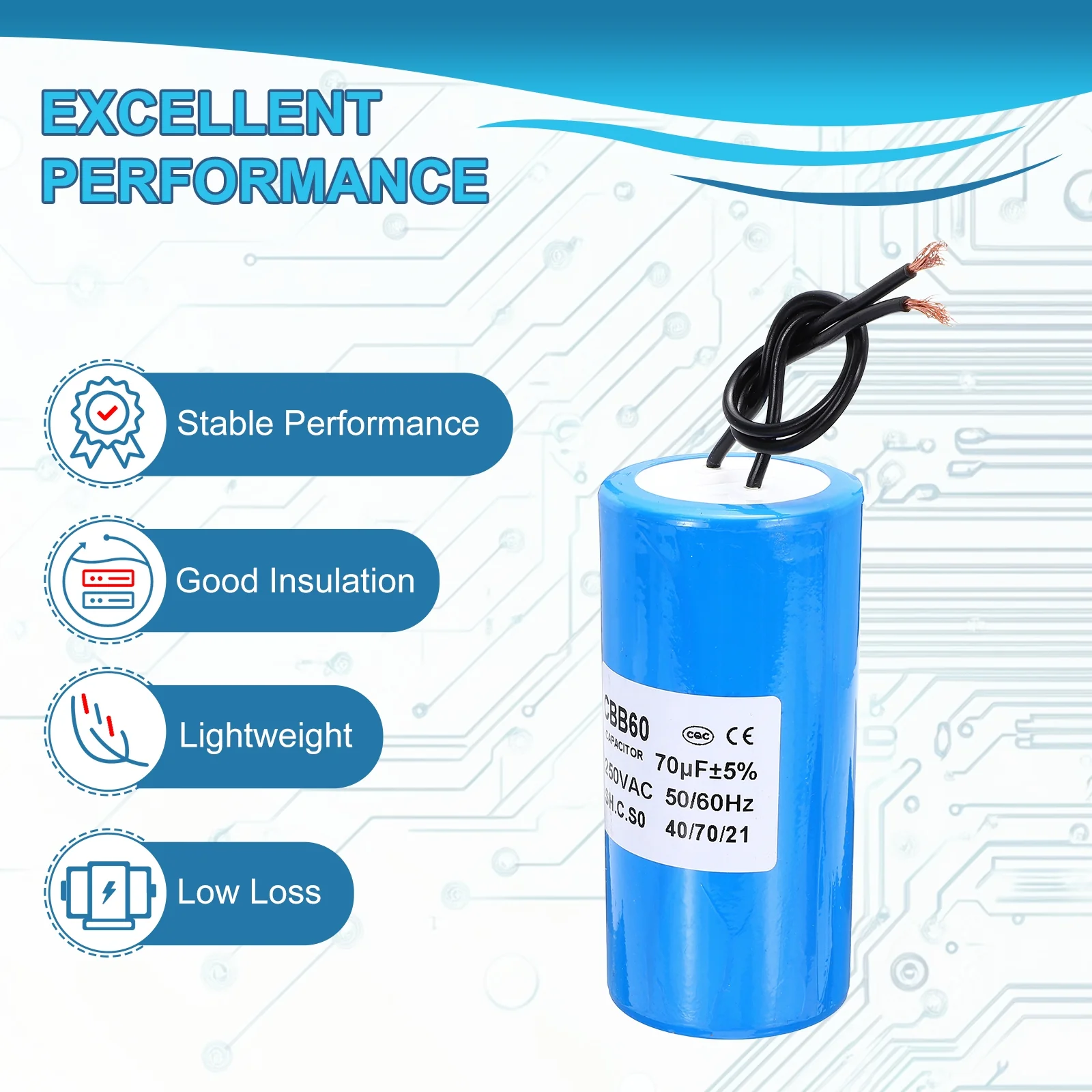 CBB60 70uf Running Capacitor,1Pcs AC 250V 2 Wires 50/60Hz Cylinder Blue 100x50mm for Water Pumps, Washing Machines Motor Start - Image 4