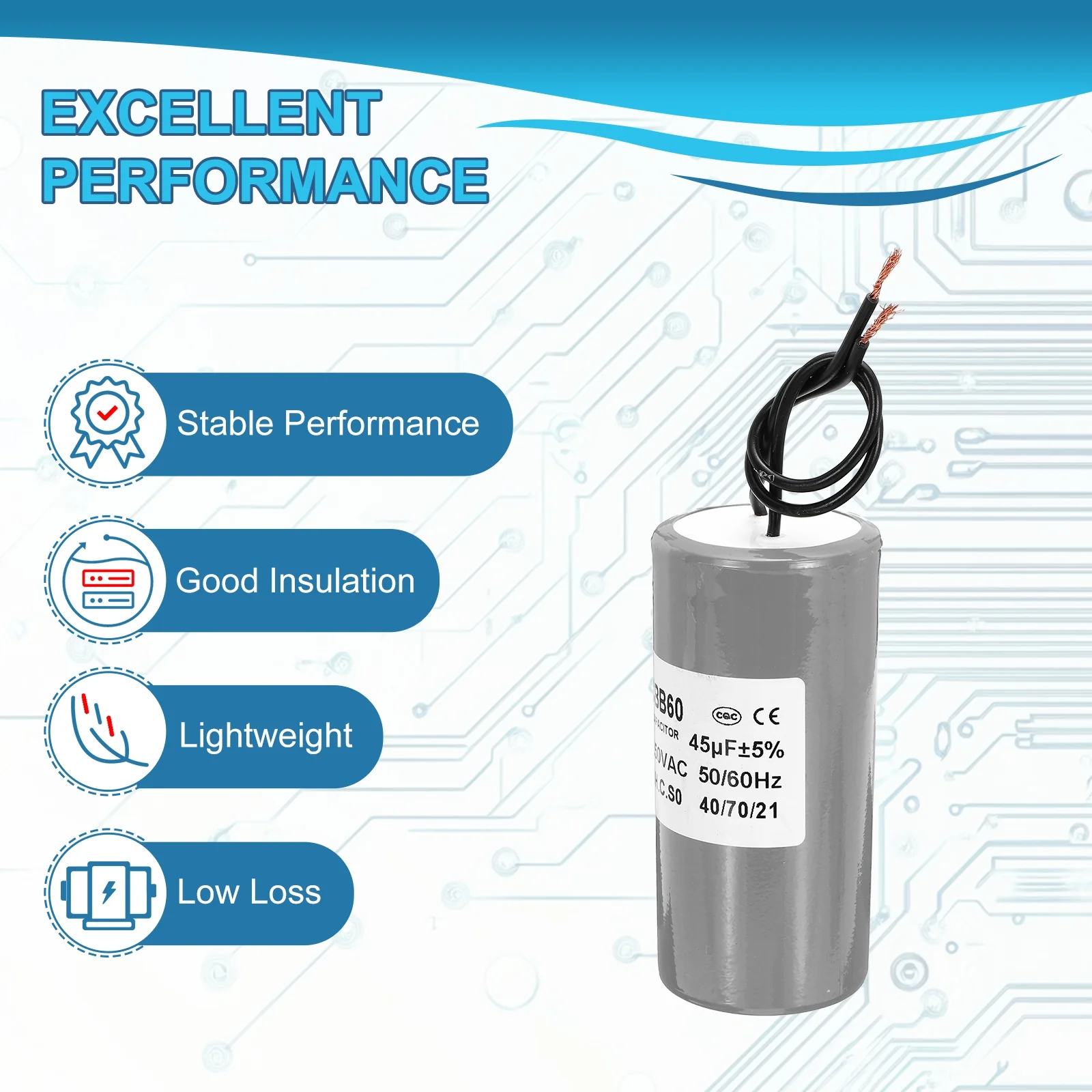 CBB60 45uf Running Capacitor,1Pcs AC 250V 2 Wires 50/60Hz Cylinder Grey 95x45mm for Water Pumps, Washing Machines Motor Start - Image 4