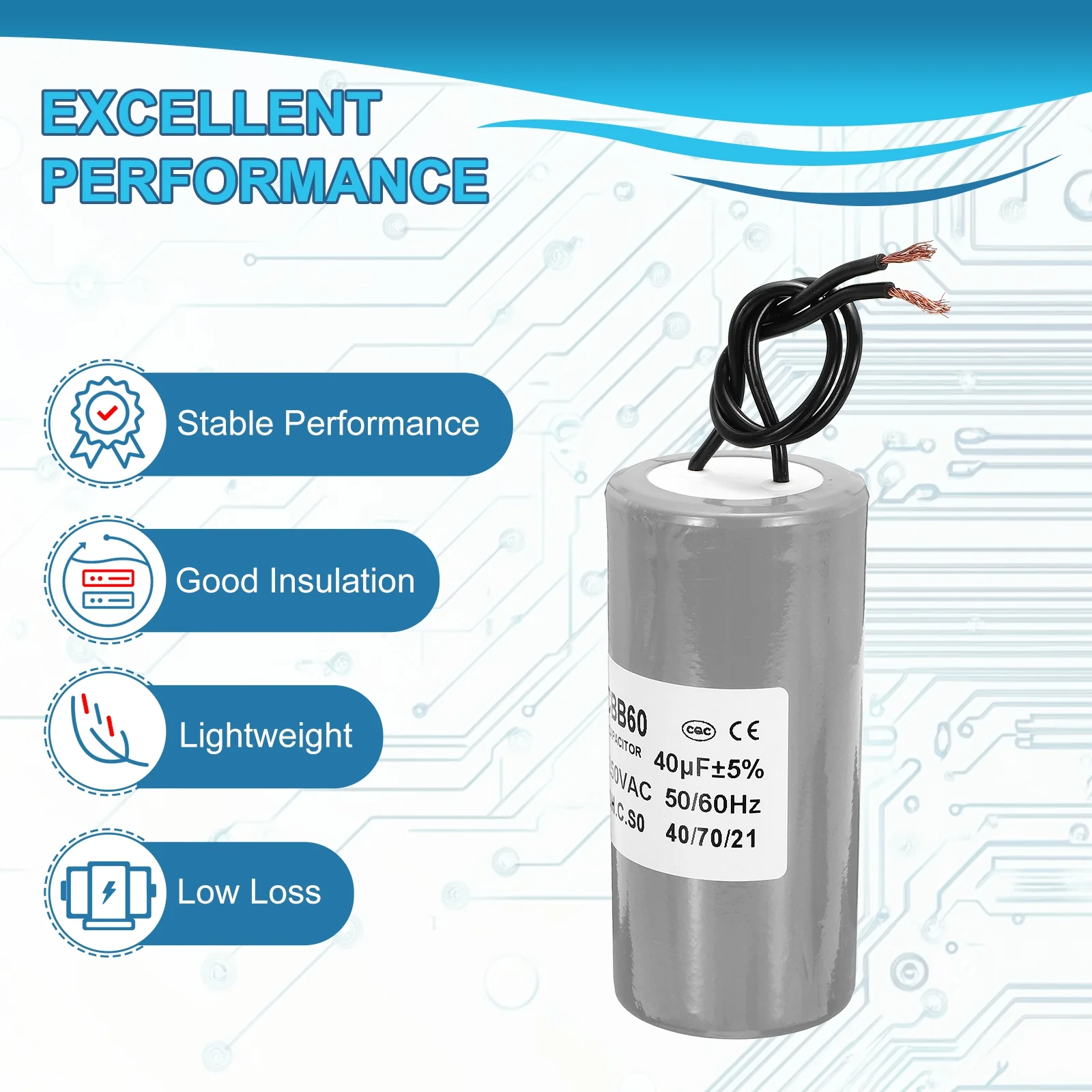 CBB60 40uf Running Capacitor,1Pcs AC 250V 2 Wires 50/60Hz Cylinder Grey 95x45mm for Water Pumps, Washing Machines Motor Start - Image 4