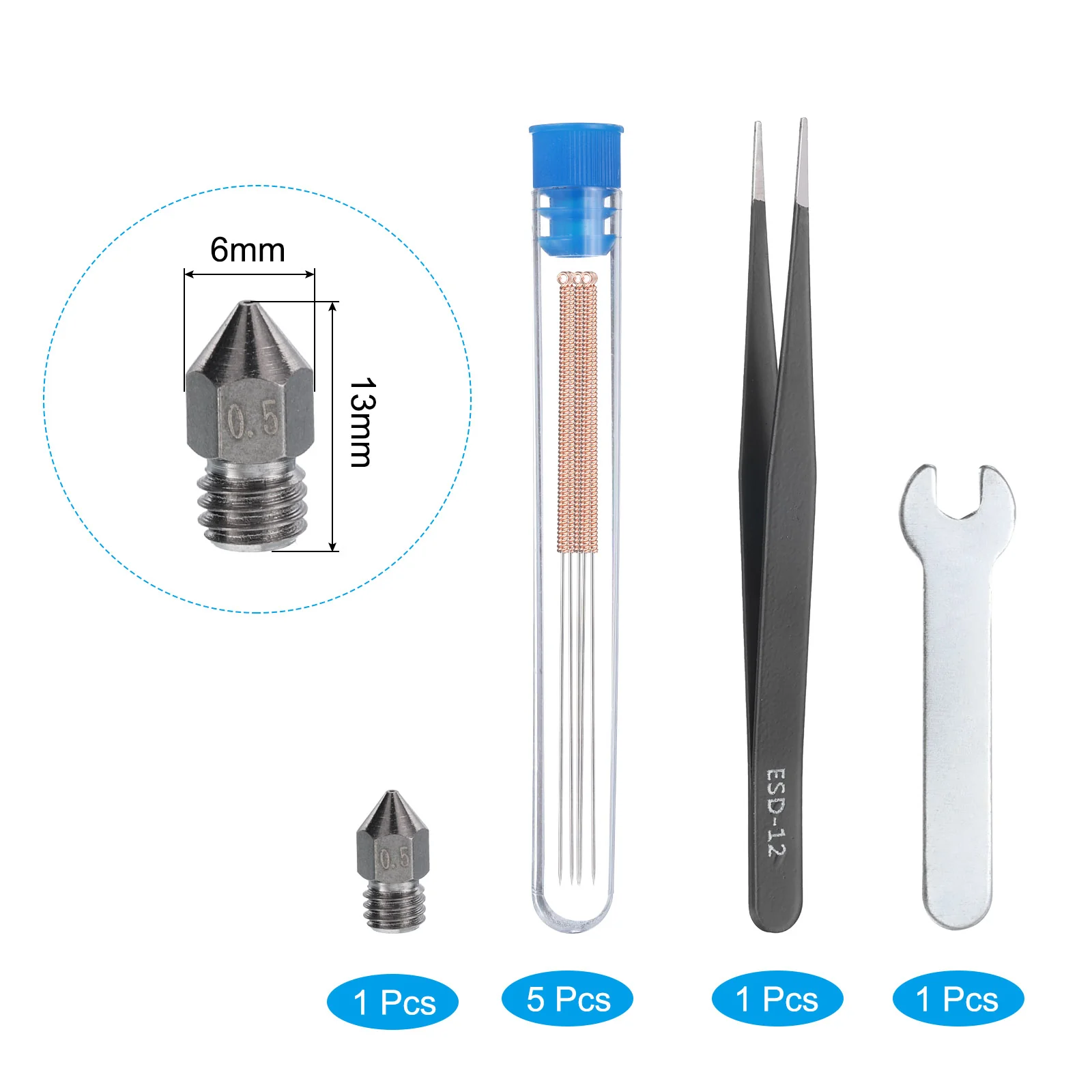 Uxcell 3D Nozzles Kit, MK8 Hardened Steel Arc Nozzles 0.5mm Cleaning Needles - Image 3