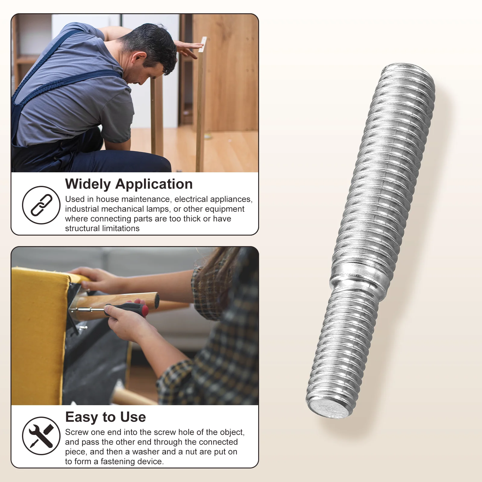 Double End Threaded Stud Screw, Threaded Stud Fasteners - for House Maintenance Craft Loom, Silver Tone - Image 34