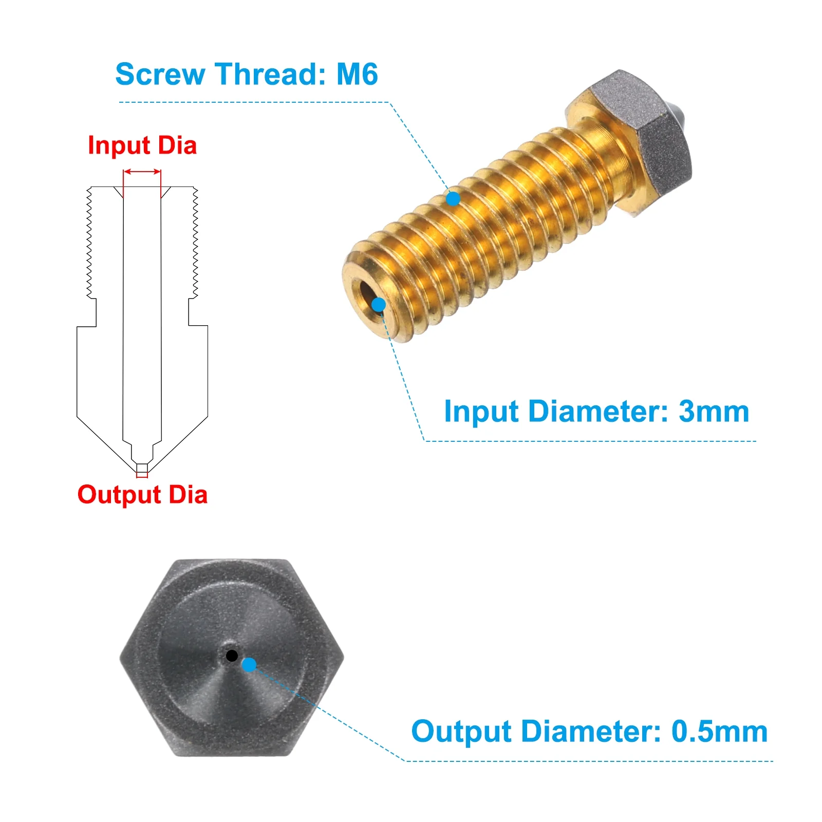 Uxcell 3D Nozzles Kit, 5pcs 3D Printer Brass CR Nozzles 0.5mm, 5pcs Cleaning Needles - Image 2